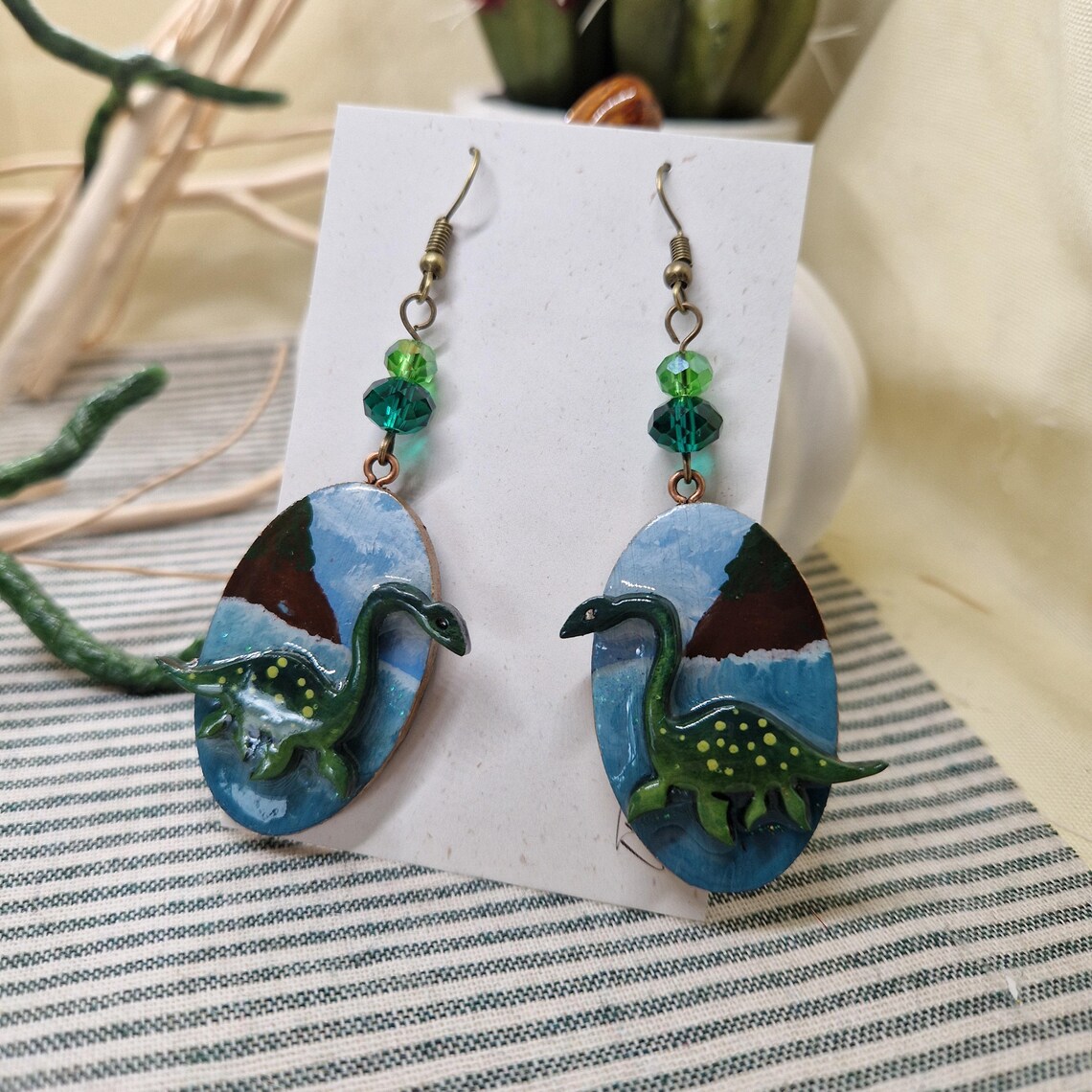 Loch Ness Monster Earrings – Hand Painted Wood and Resin Dangle – Nessie Scene Jewelry – Scottish Artist Gift – Mythical Creature Earrings