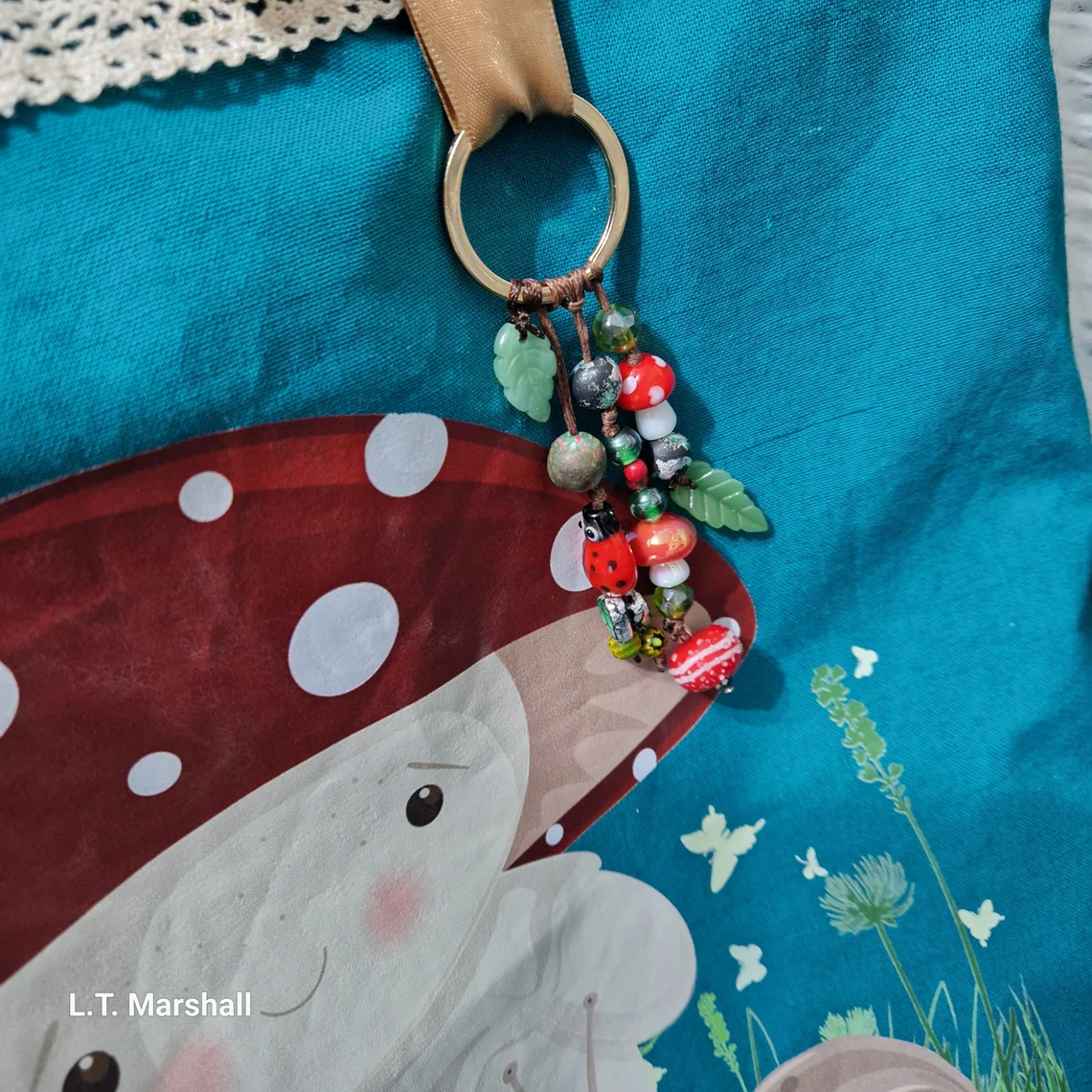 Shroomie Original Art Lined Tote Bag | Teal Mushroom & Snail Illustration with Lace Trim