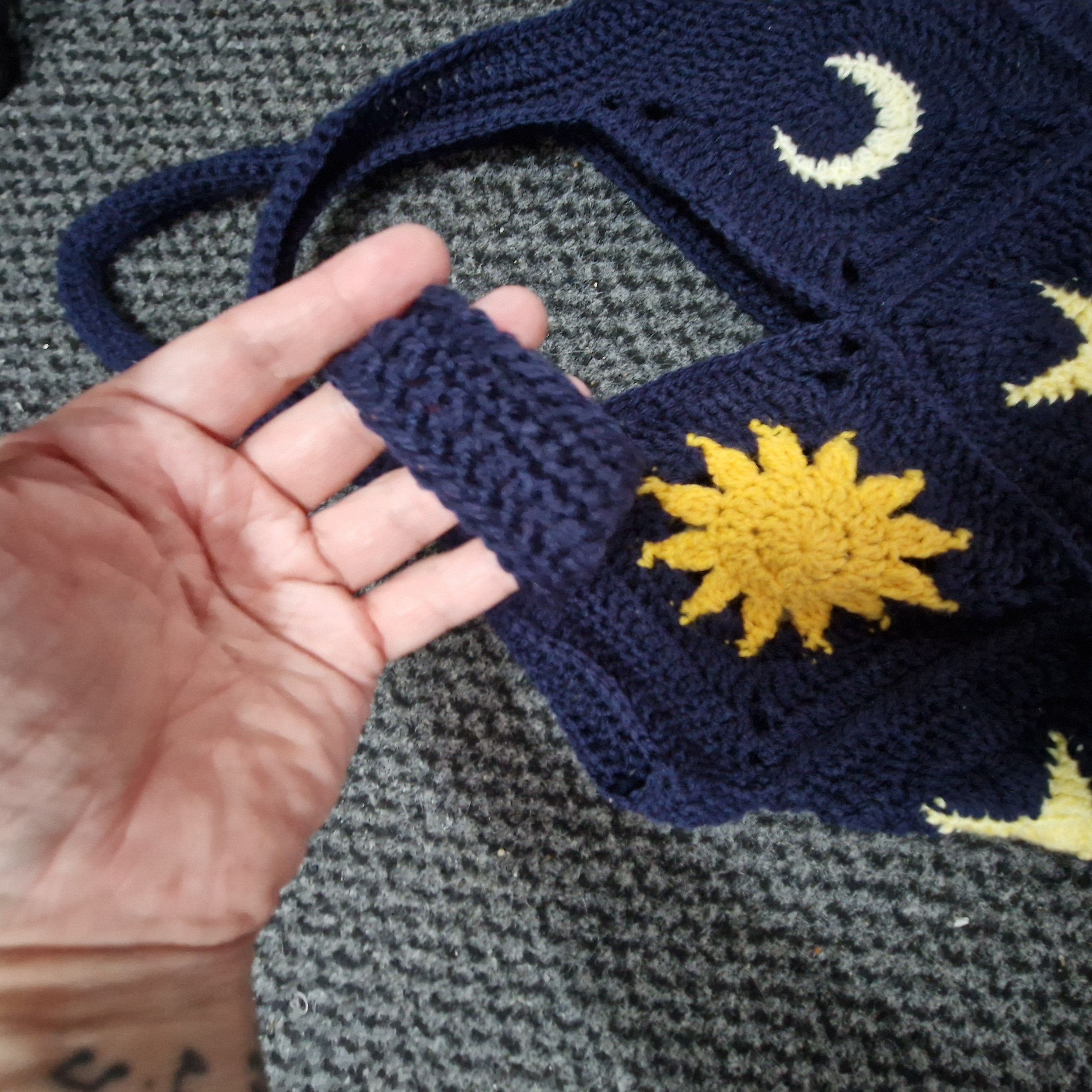 Handmade Celestial Crochet Bag – Moon, Sun & Star Granny Square Tote, Boho Folk Art Shoulder Bag