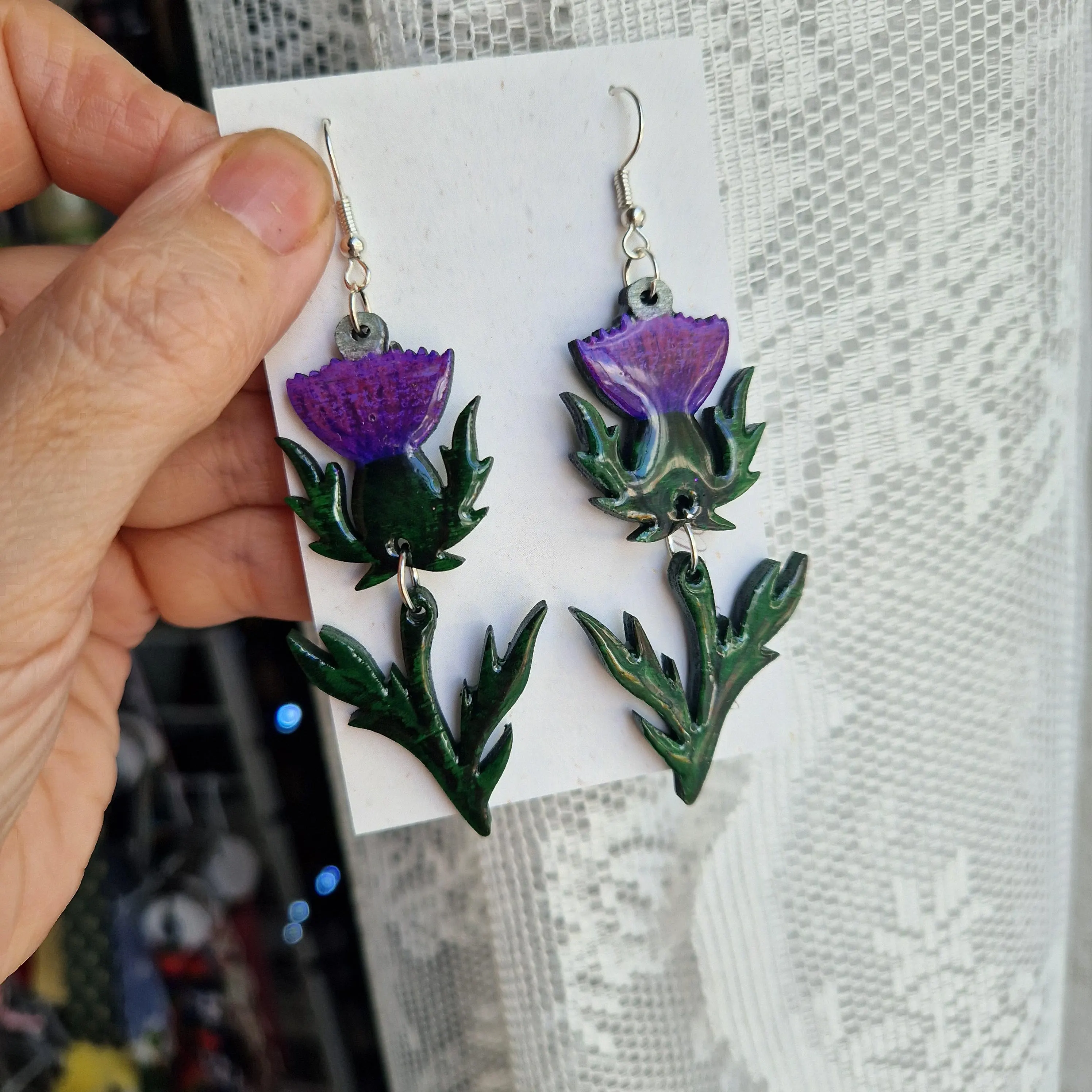Handmade Thistle Earrings – Wooden & Resin Enamel with Vintage Glass Beads | Botanical Earrings | Scottish Flower Jewellery | Choose style