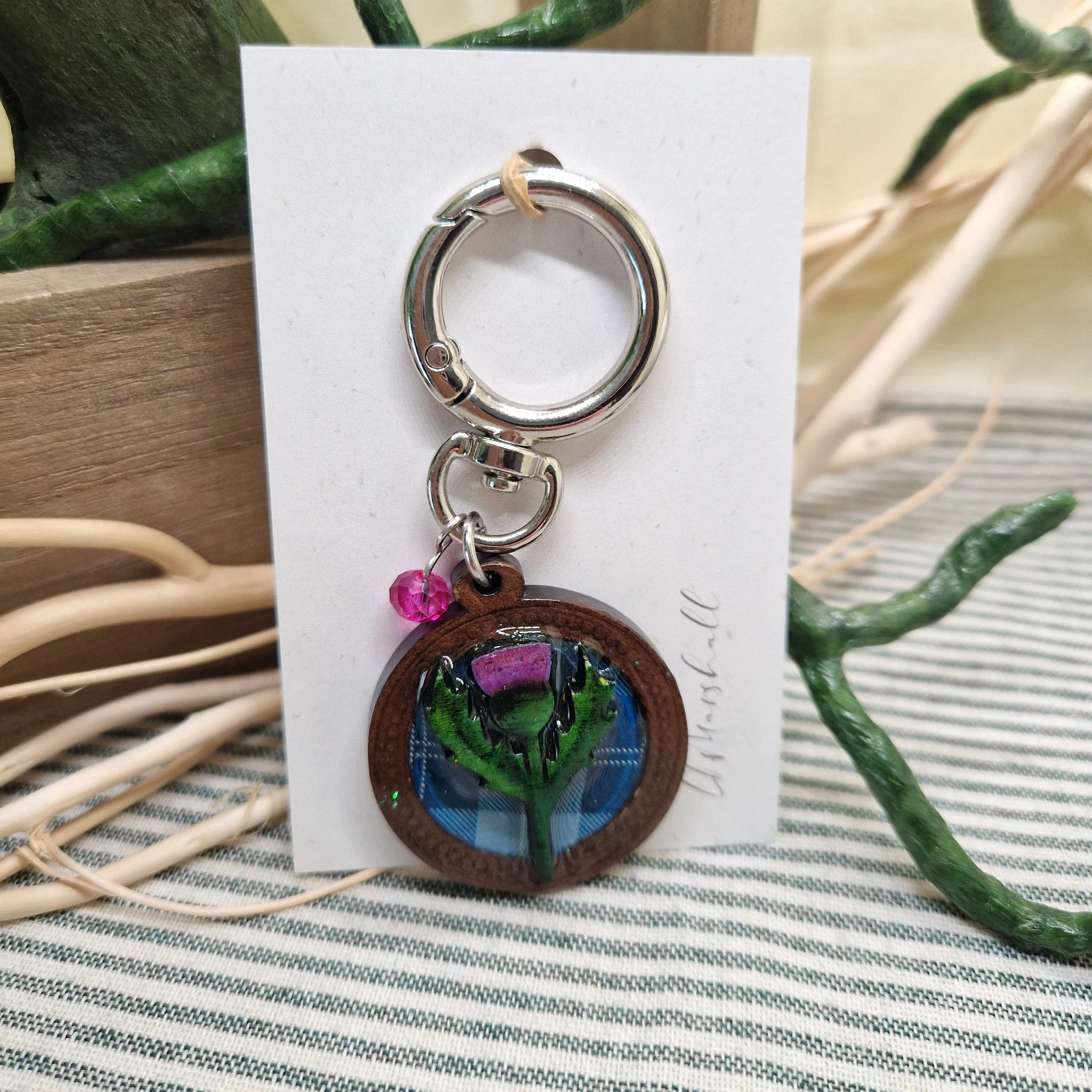 Scottish Thistle Keychain – Resin & Wood Charm with Tartan Fabric Accent | Handmade Scotland Gift