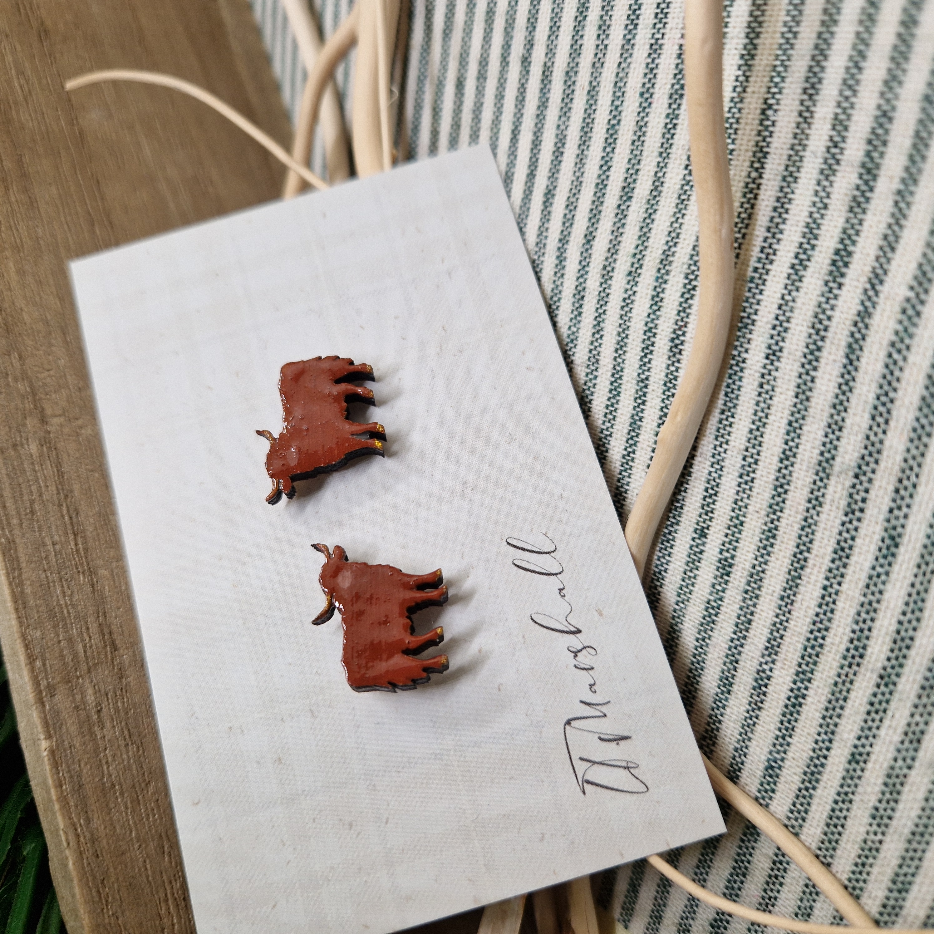 Handmade Highland Cow Earrings – Wooden Studs in Flocked, Glitter, Coloured or Stained Finish, Scottish Jewelry
