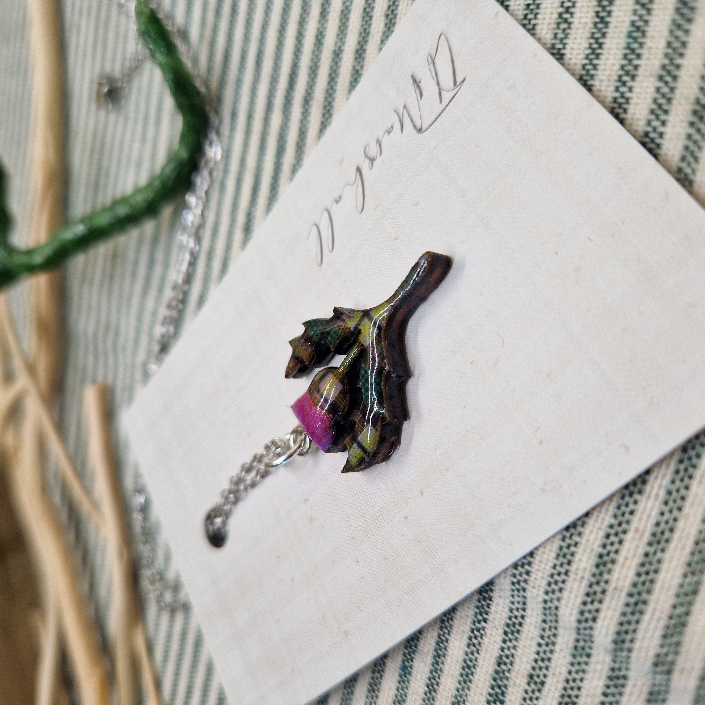Handmade Scottish Thistle Necklace – Tartan Resin Pendant on Stainless Steel Chain