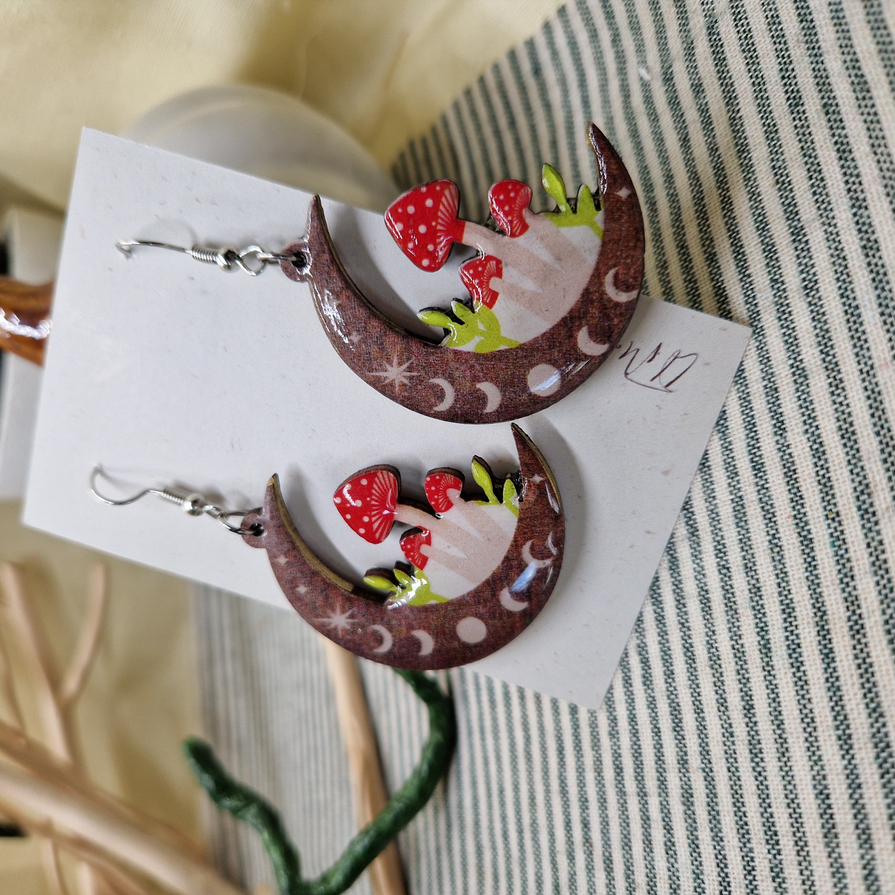 Handmade Mushroom Moon Earrings – Wooden Toadstool Crescent Drop Earrings, Cottage Witch Jewelry