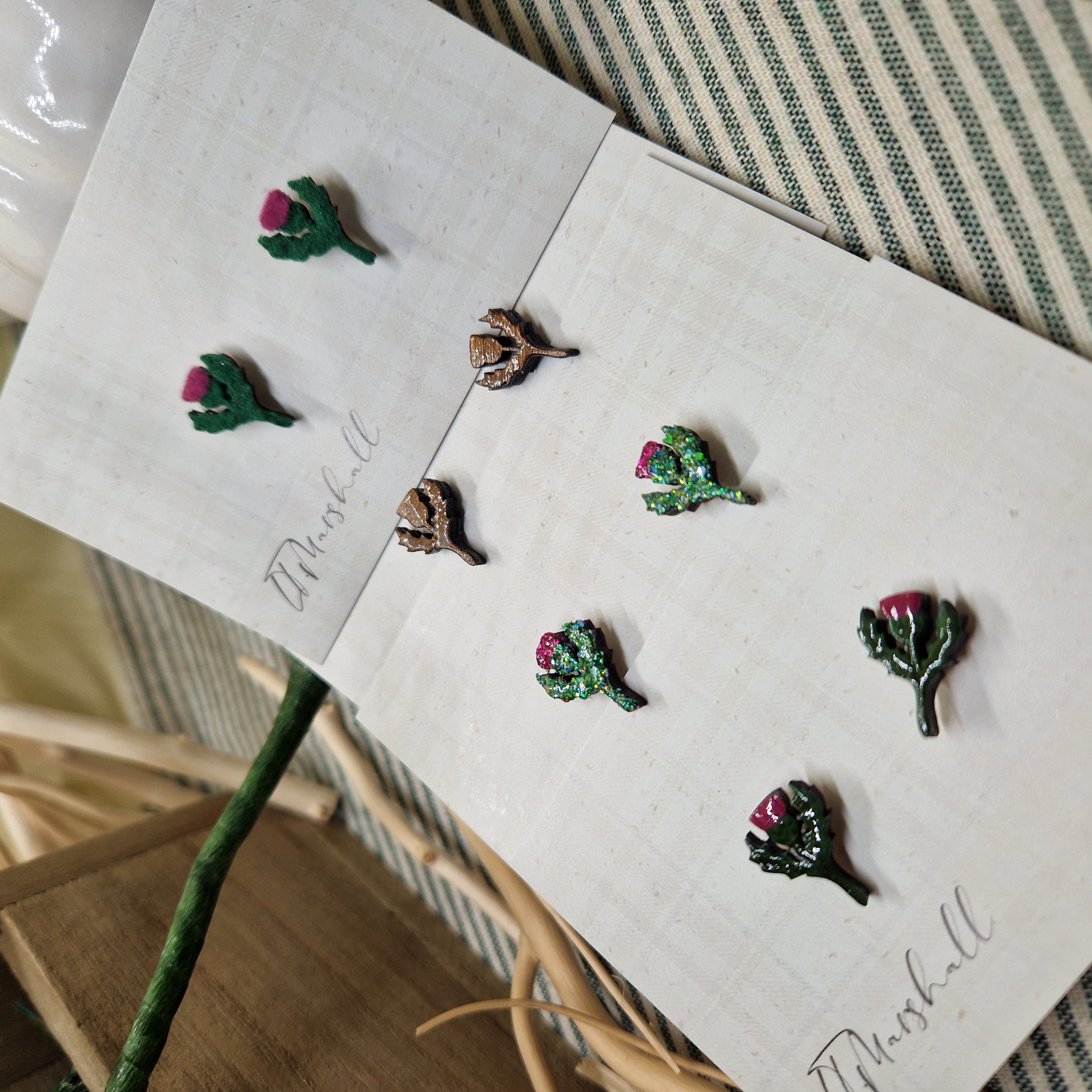 Handmade Scottish Thistle Earrings – Wooden Studs in Flocked, Glitter, Coloured or Stained Finish, Heritage Jewelry