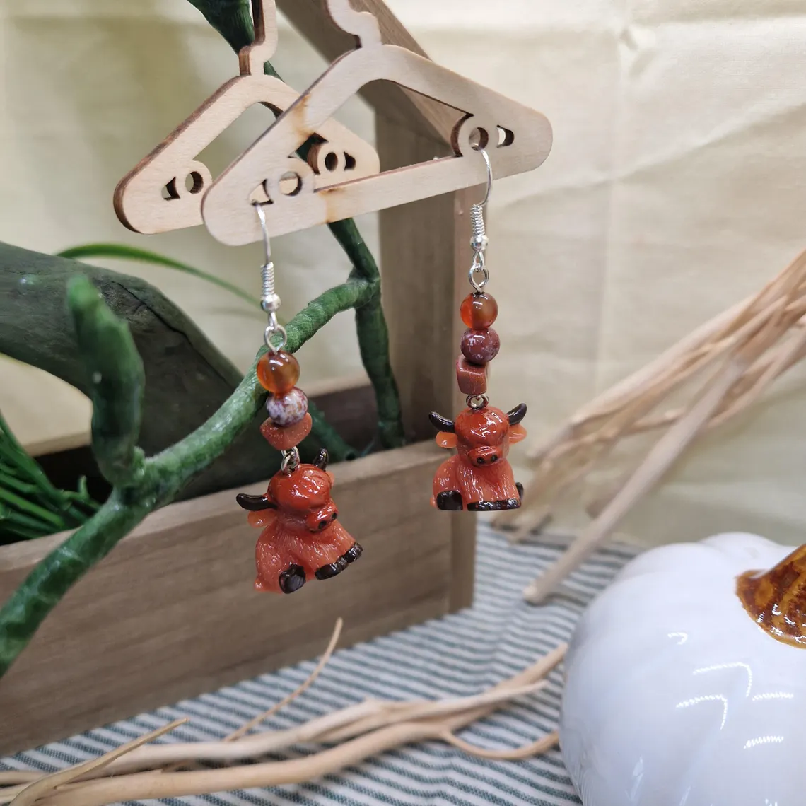 Hand Painted Highland Cow Earrings – Resin Cattle Dangle Jewellery