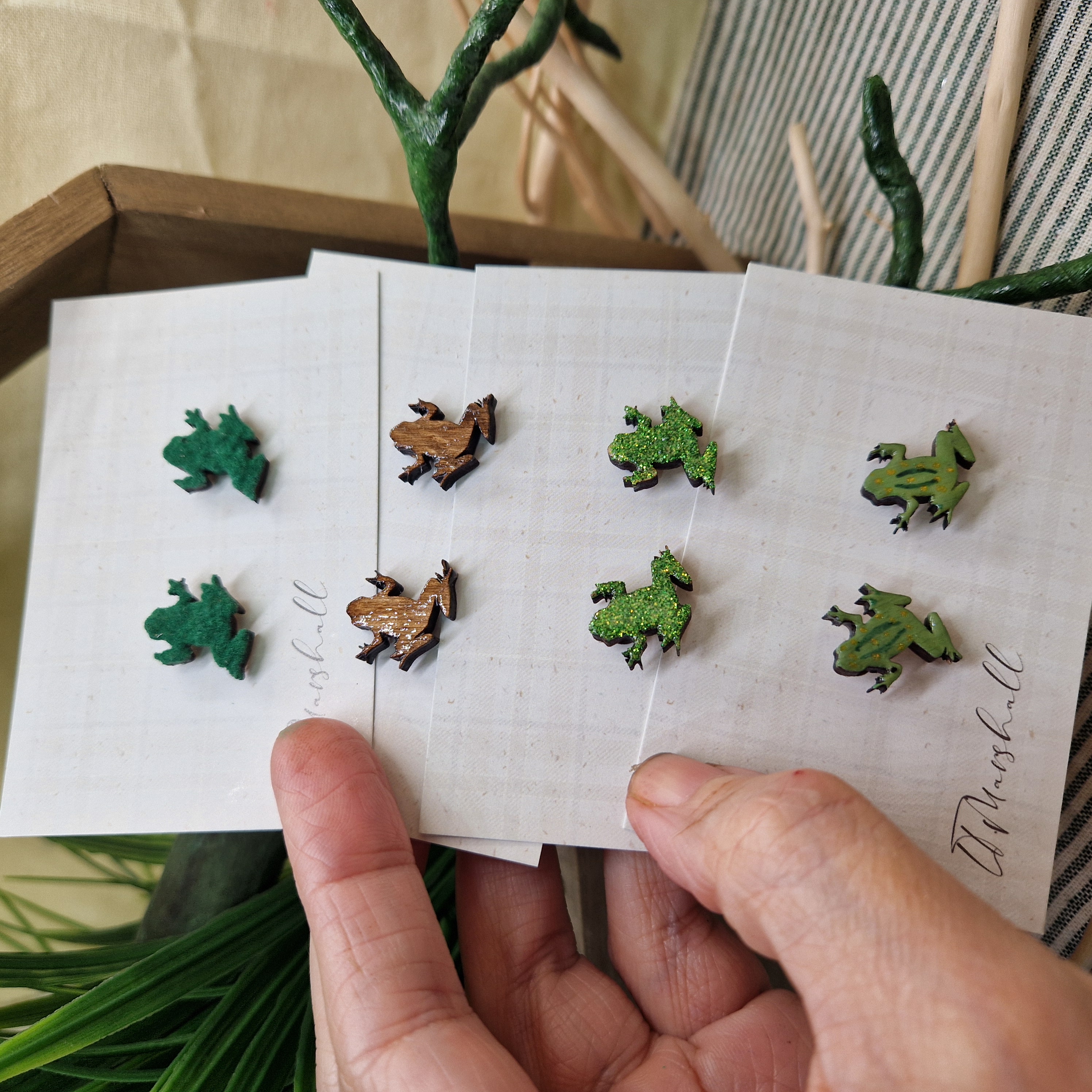 Handmade Frog Earrings – Wooden Studs in Flocked, Glitter, Coloured or Stained Finish, Cottagecore Jewelry