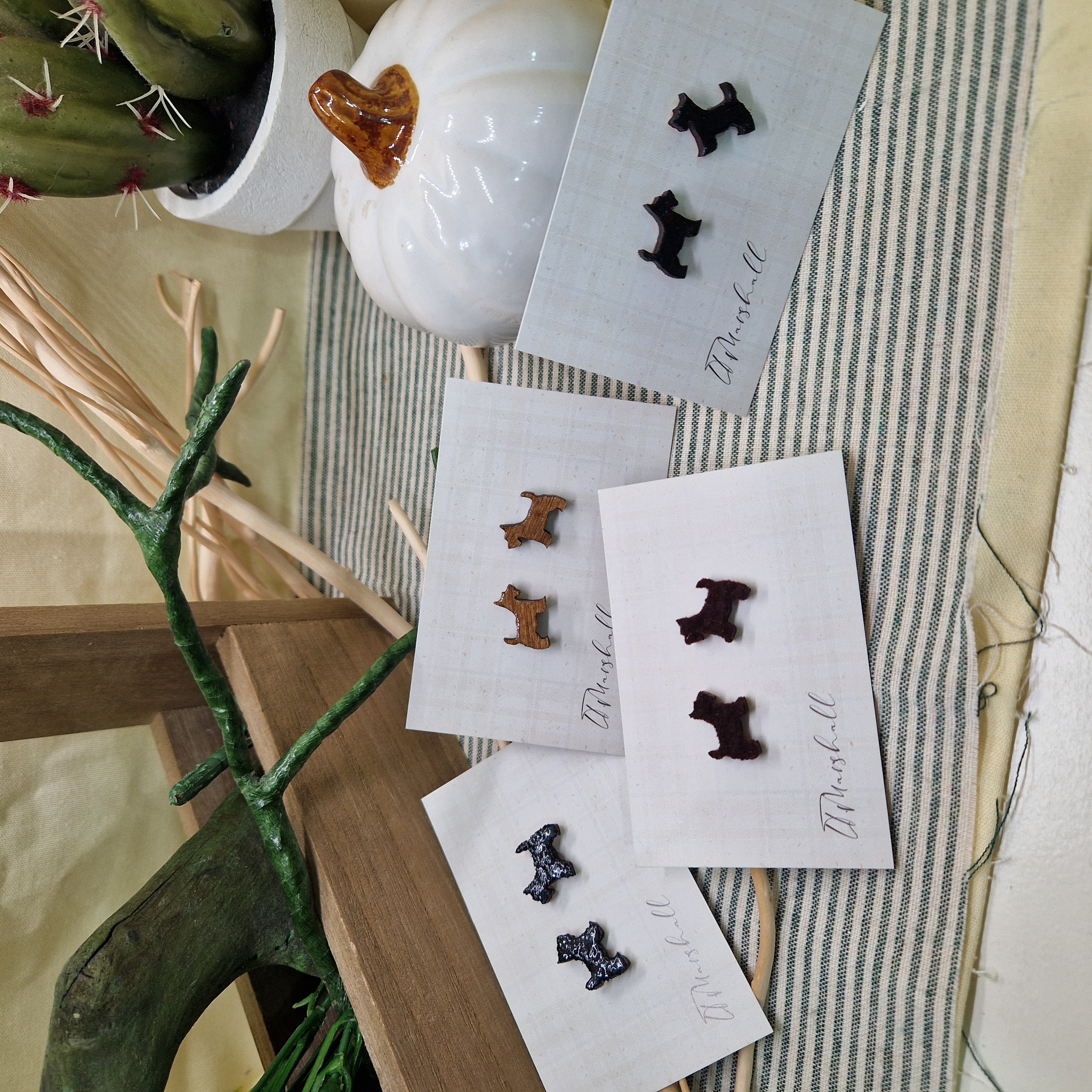 Handmade Scotty Dog Earrings – Wooden Studs in Flocked, Glitter, Coloured or Stained Finish, Scottish Jewelry