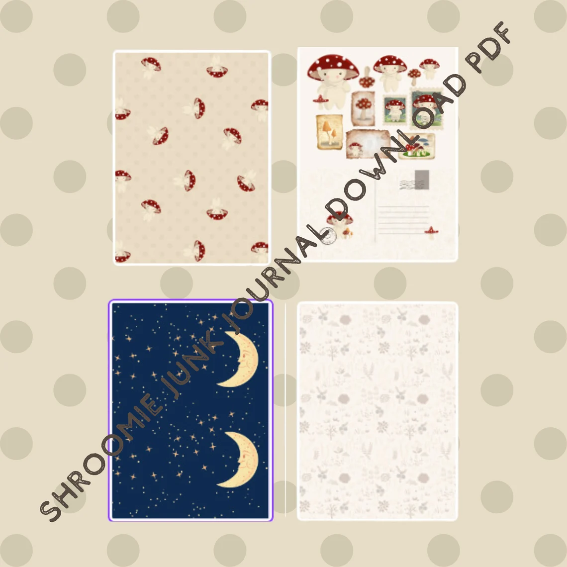 Junk Journal Ephemera, Paper, Tags etc - Mushroom/ Toadstool Cottagecore Download - 12 pages (in A4 and American letter sizes)