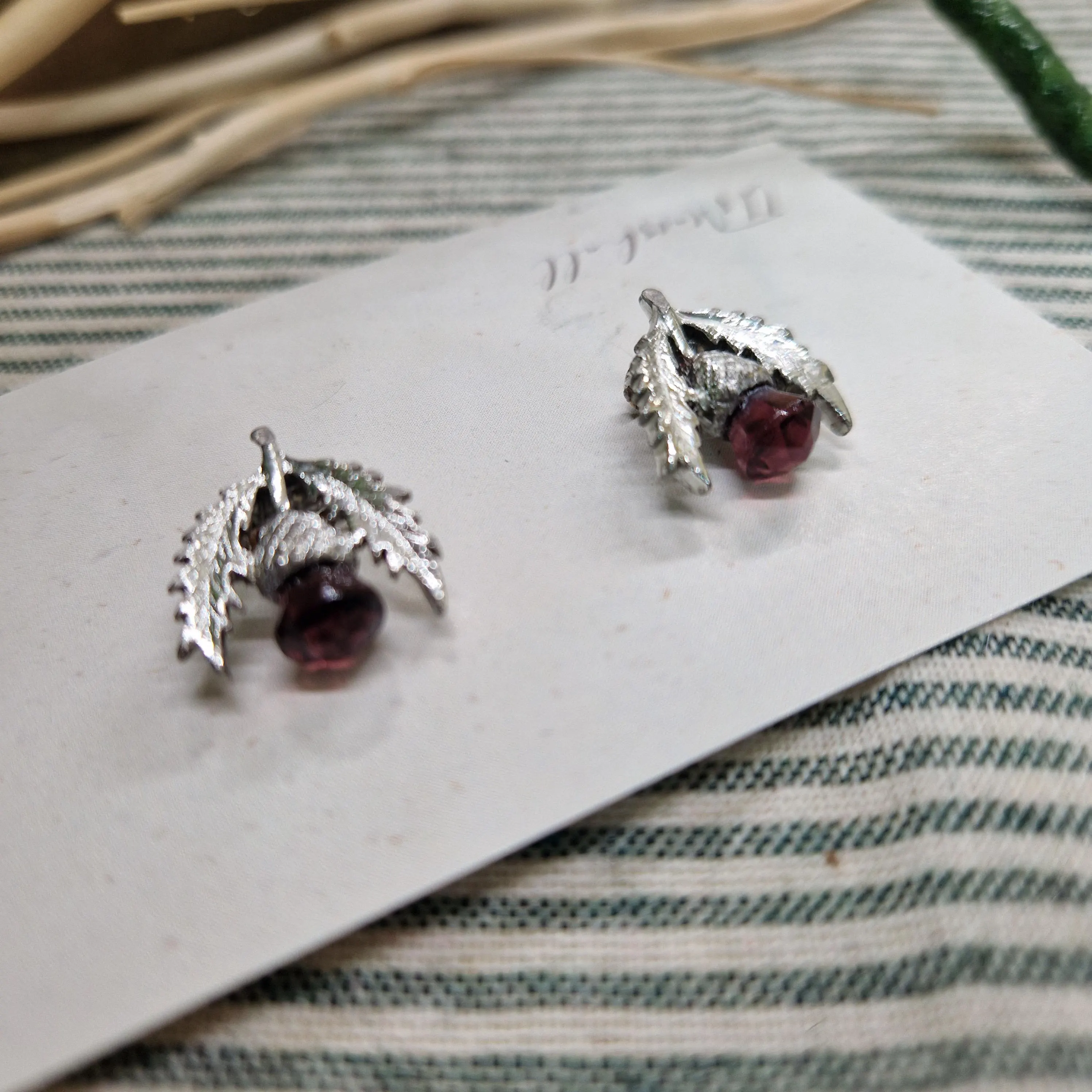 Vintage Thistle Clip-On Earrings – Restored Scottish Jewellery with Purple Stones