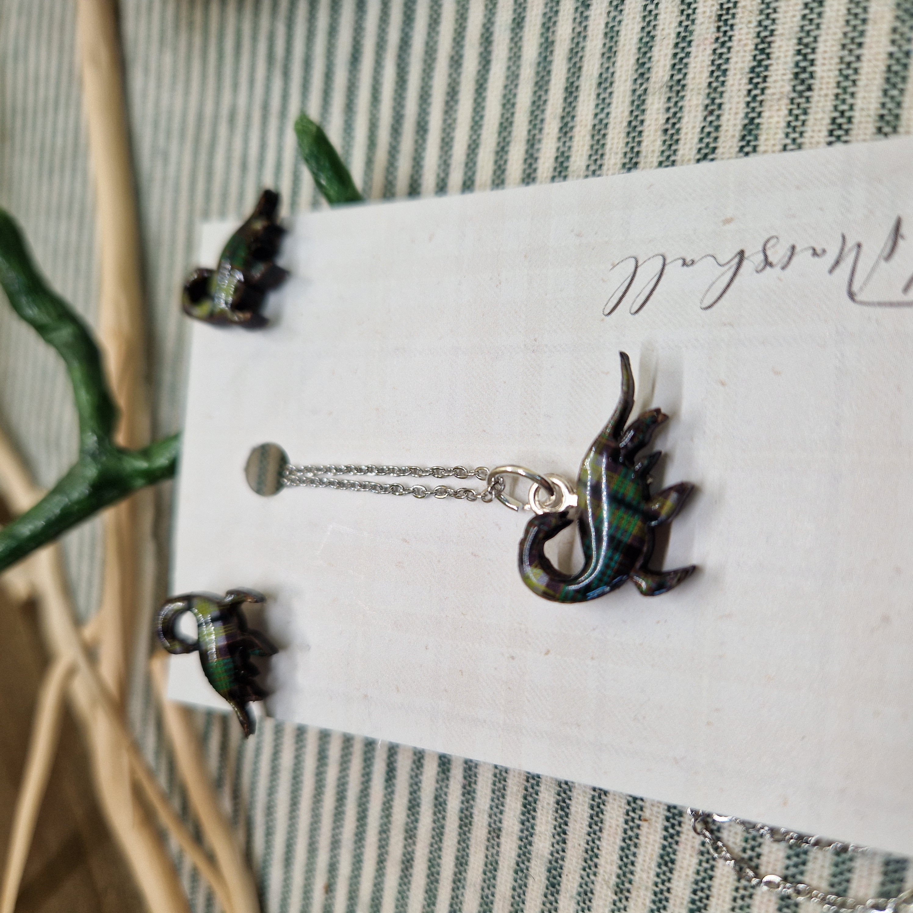 Handmade Loch Ness Monster Earrings and Necklace Set – Scottish Tartan Resin Jewellery