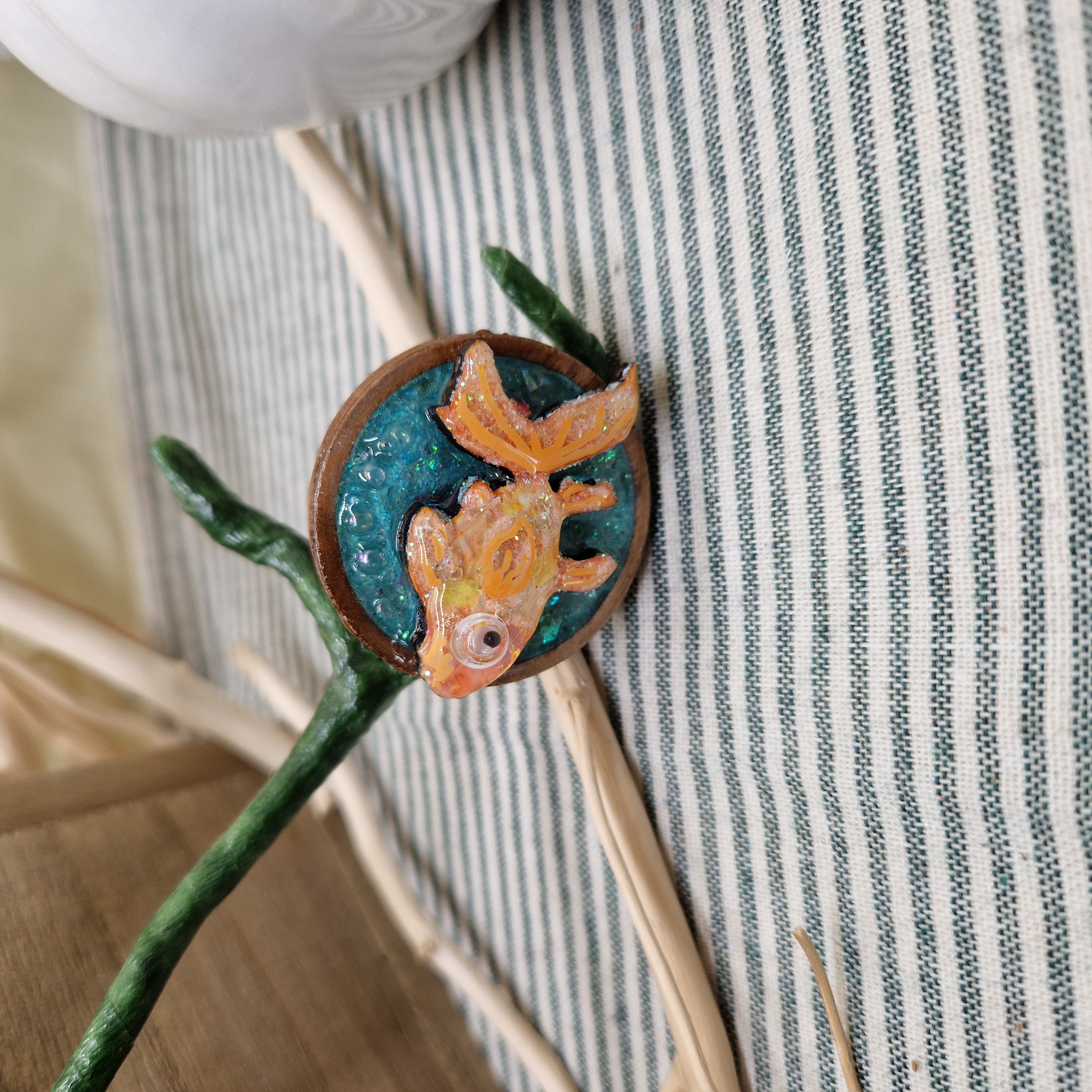 Handmade Goldfish Brooch in Wood and Resin – Layered Glitter Pond Pin, Folk Art Jewelry