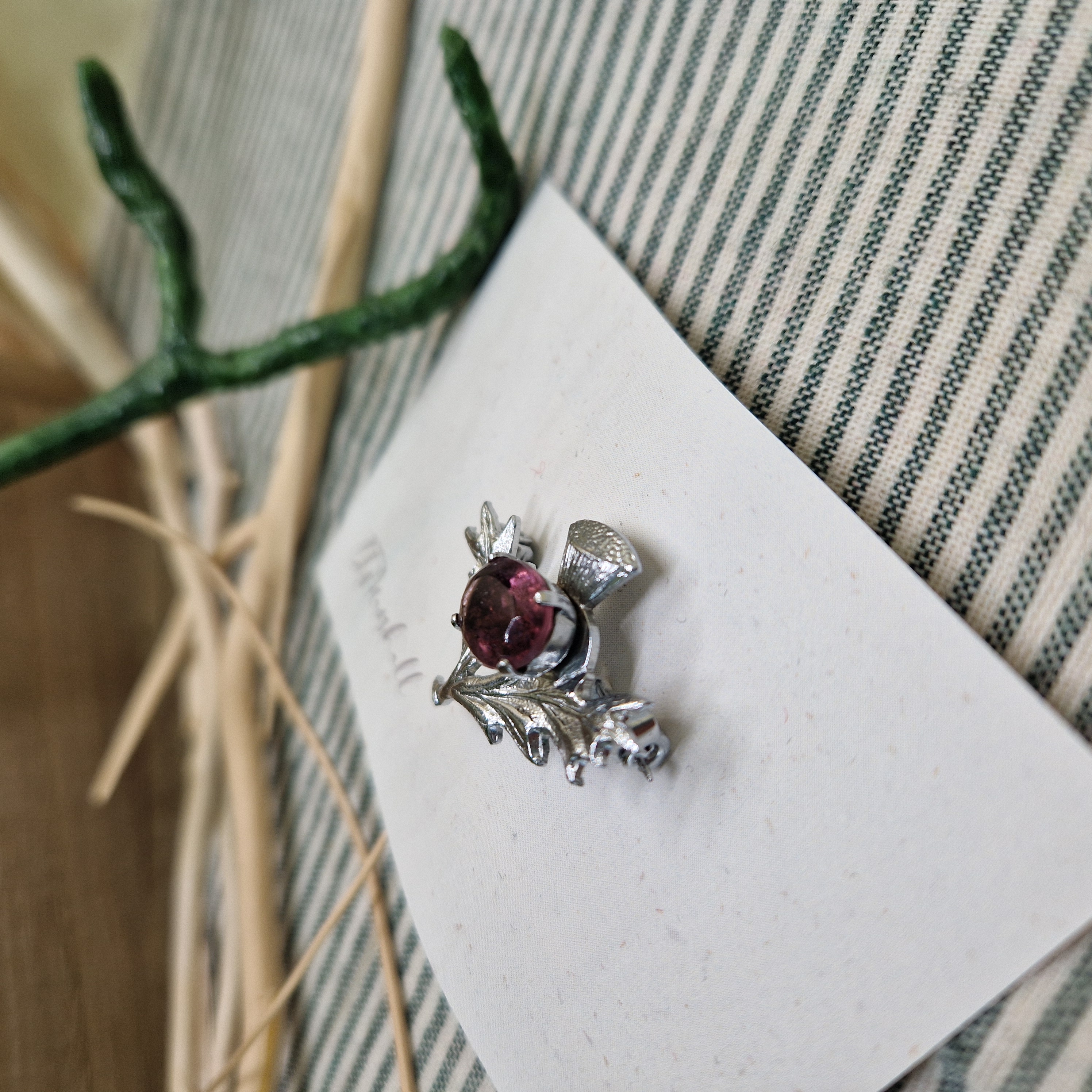 Restored Vintage Scottish Thistle Brooch with Purple Gem | Silver Tone Pin | Celtic Heritage Jewellery