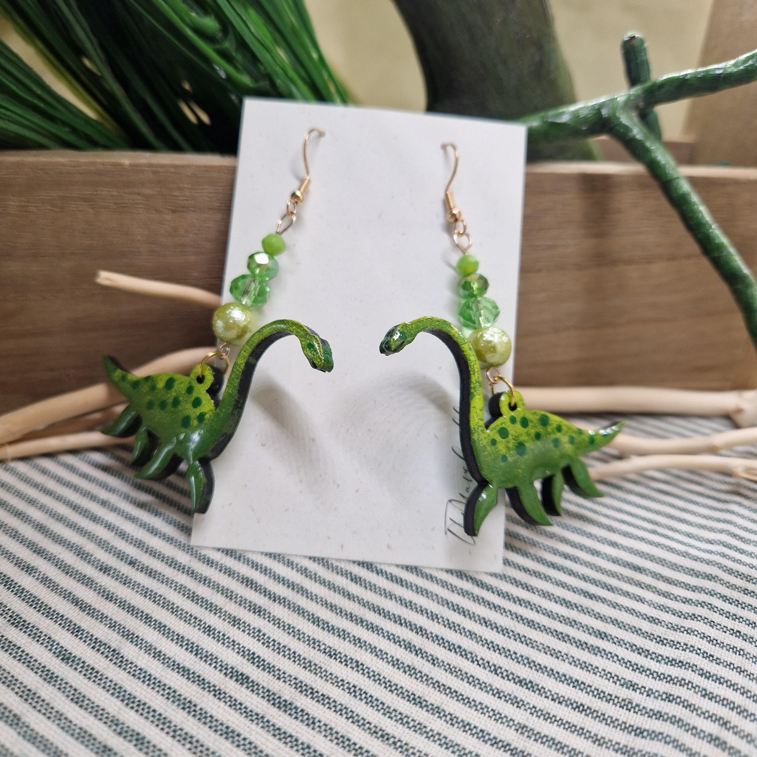 Handmade Loch Ness Monster Earrings – Wood & Resin with Salvaged Beads – Quirky Scottish Gift