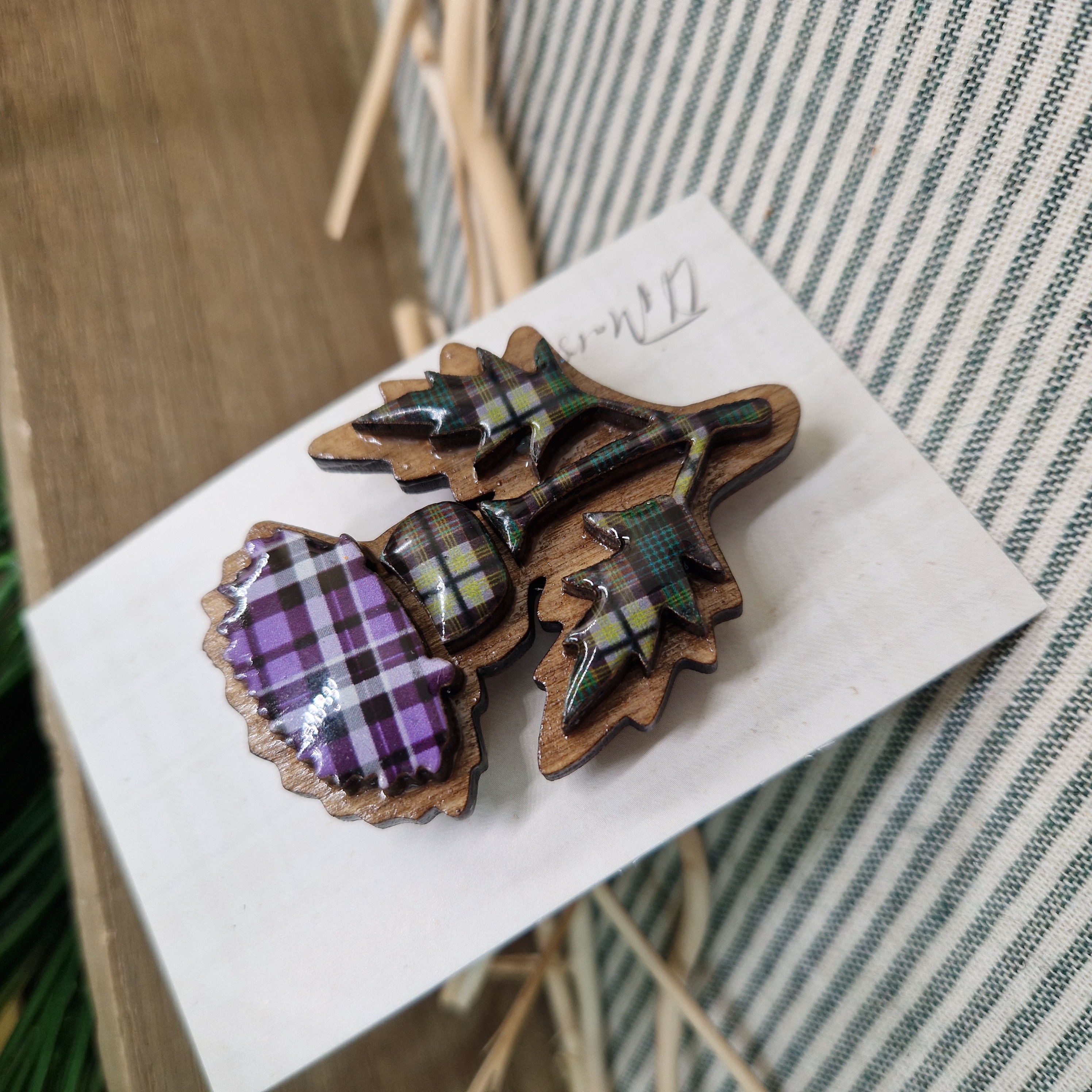 Handmade Scottish Thistle Brooch in Tartan Wood and Resin – Unique Scottish Gift, Celtic Heritage Pin