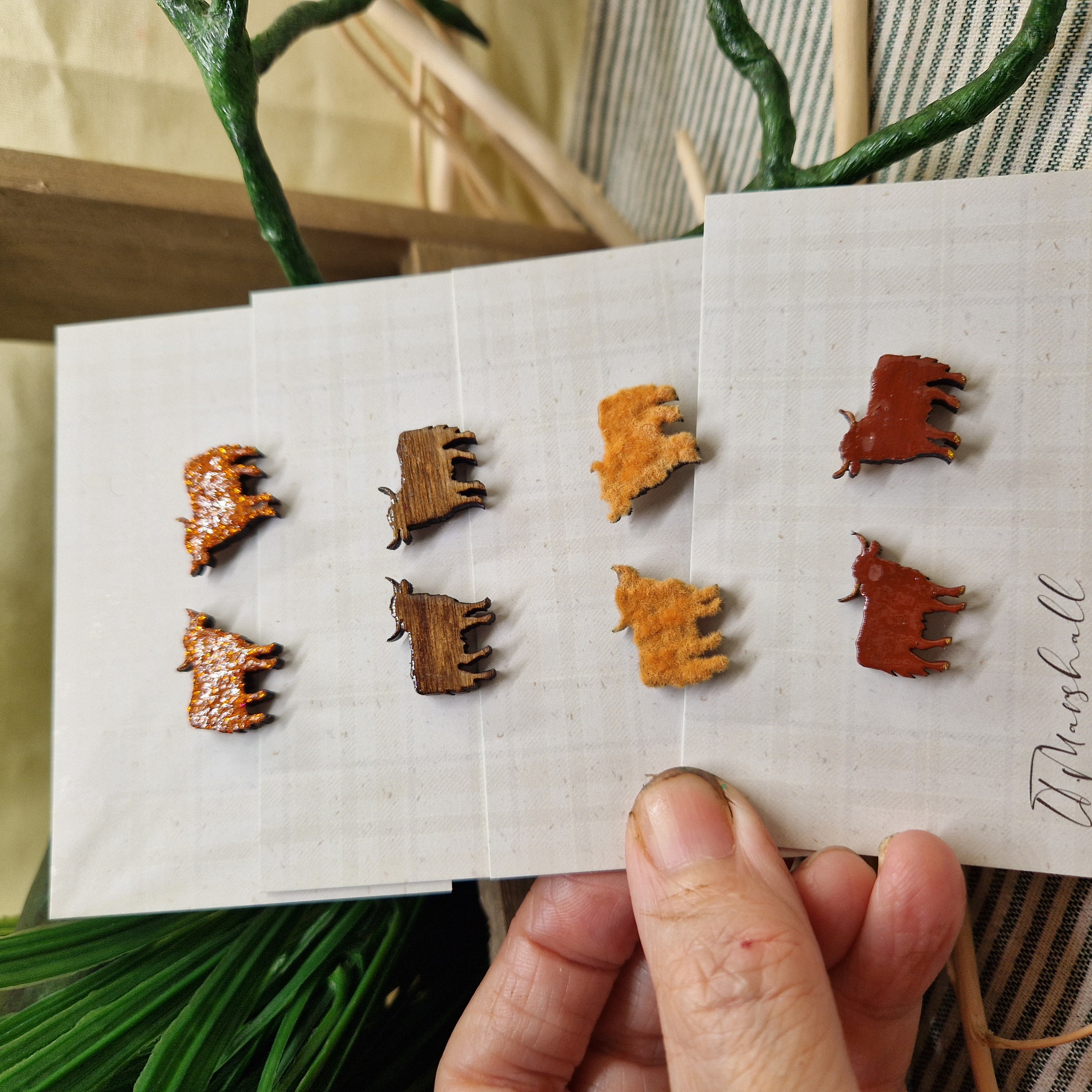 Handmade Highland Cow Earrings – Wooden Studs in Flocked, Glitter, Coloured or Stained Finish, Scottish Jewelry