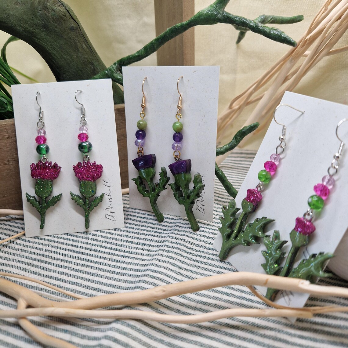 Handmade Thistle Earrings – Wooden & Resin Enamel with Vintage Glass Beads | Botanical Earrings | Scottish Flower Jewellery | Choose style