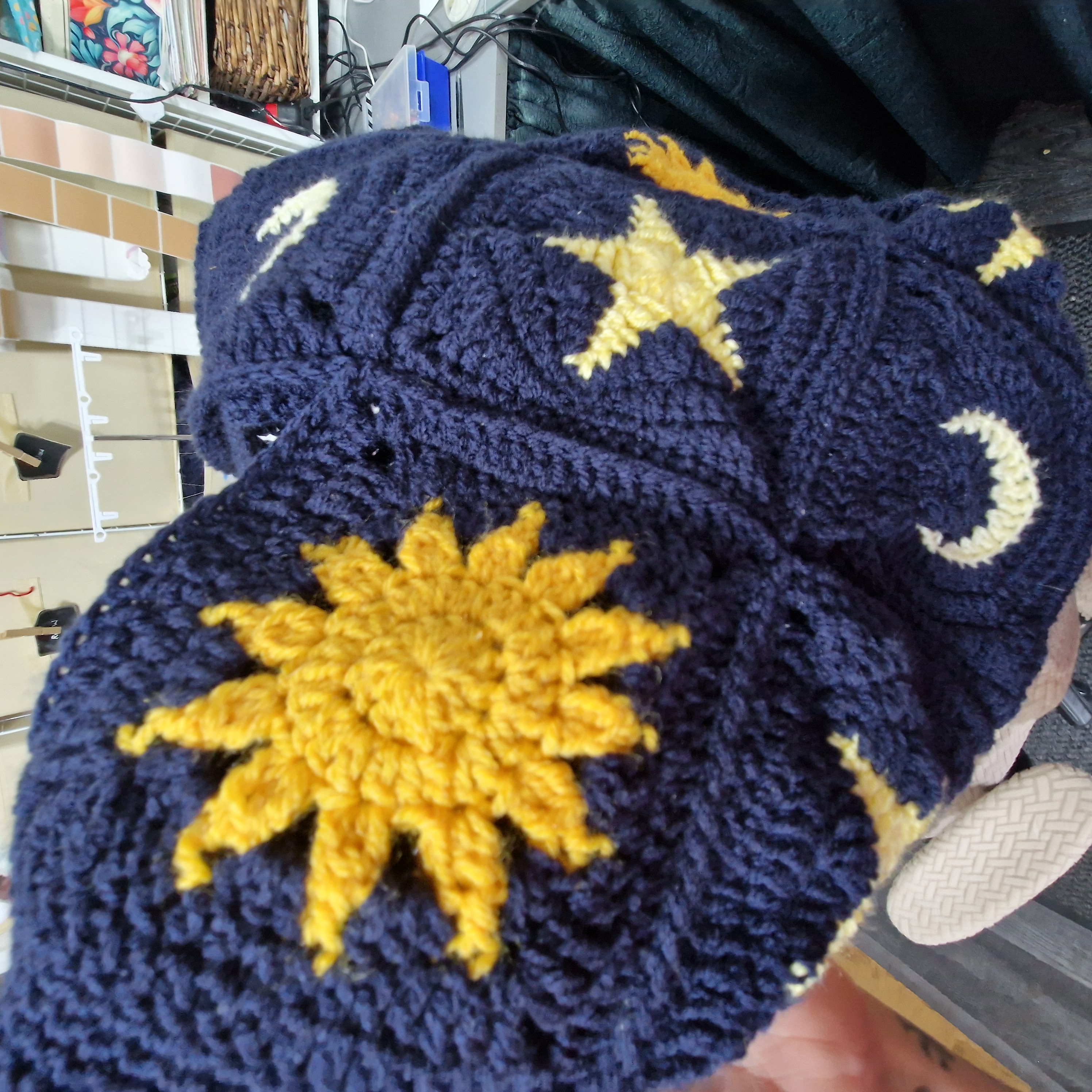 Handmade Celestial Crochet Bag – Moon, Sun & Star Granny Square Tote, Boho Folk Art Shoulder Bag