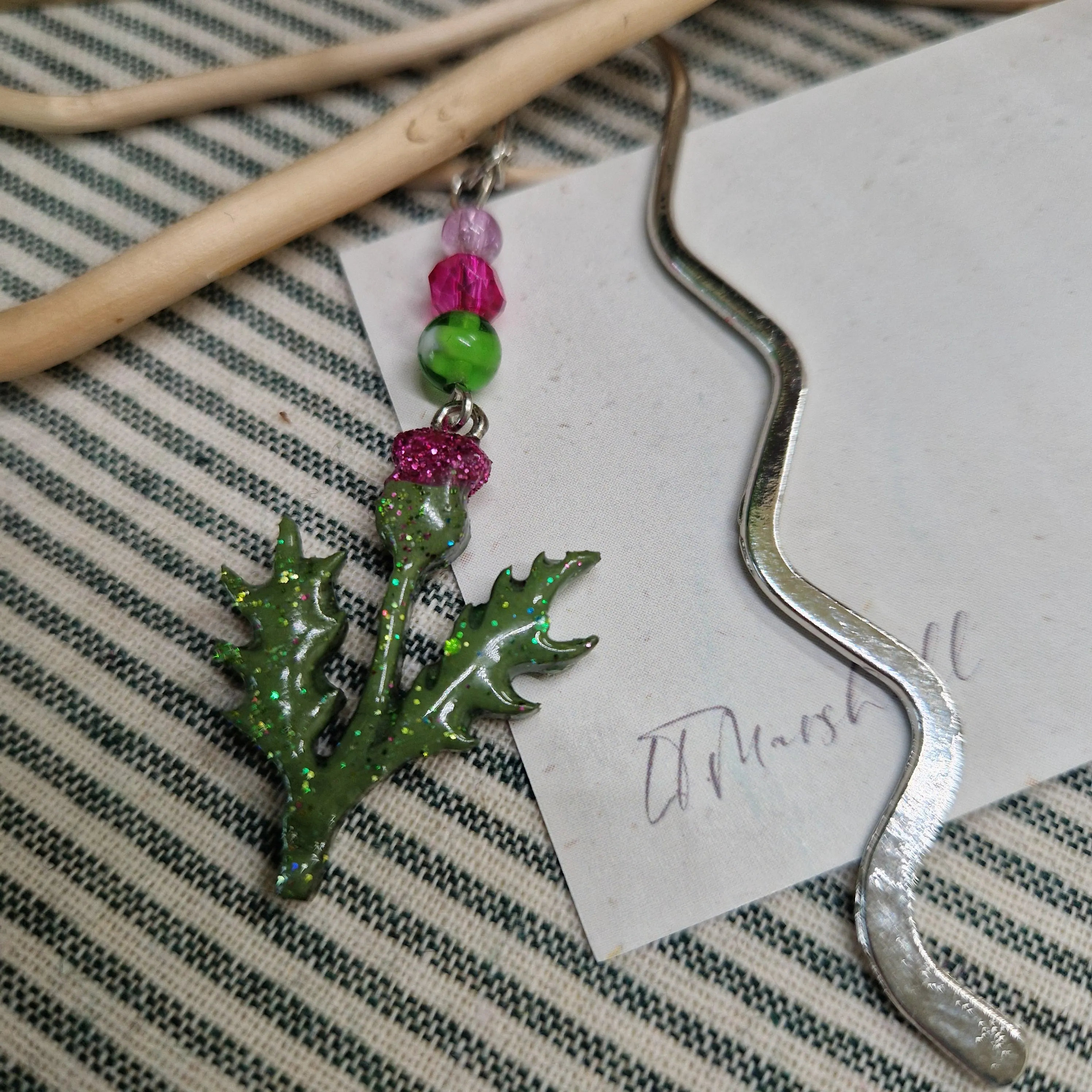 Sparkly Thistle Bookmark – Resin Scottish Flower with Beads | Handmade Botanical Page Marker