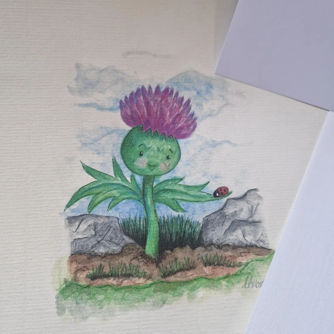 Whimsical Thistle (Thistly) Flower Art Print – Cute Botanical Illustration – Available in A4, A5, A6 (Matte Linen or Glossy Finish)