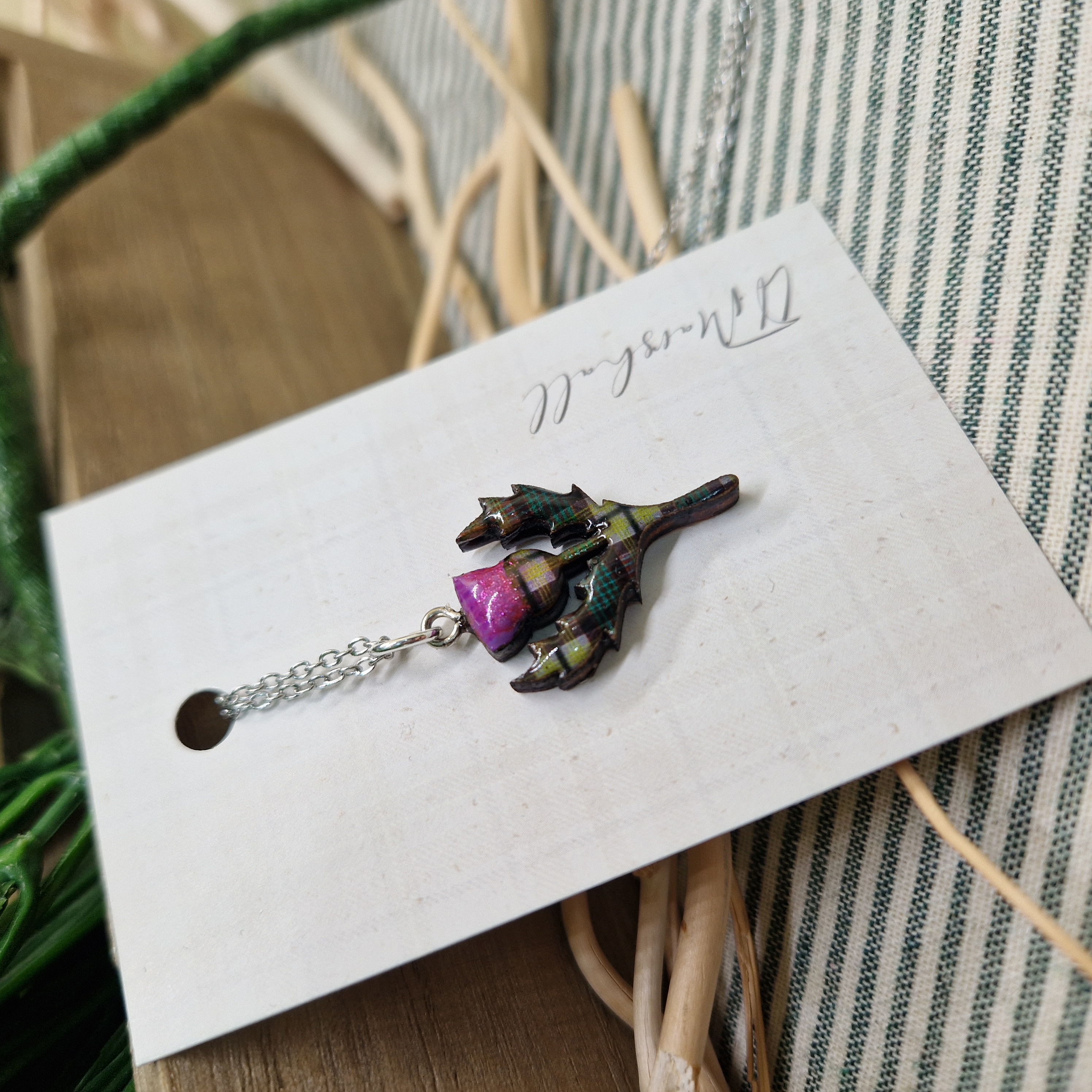 Handmade Scottish Thistle Necklace – Tartan Resin Pendant on Stainless Steel Chain