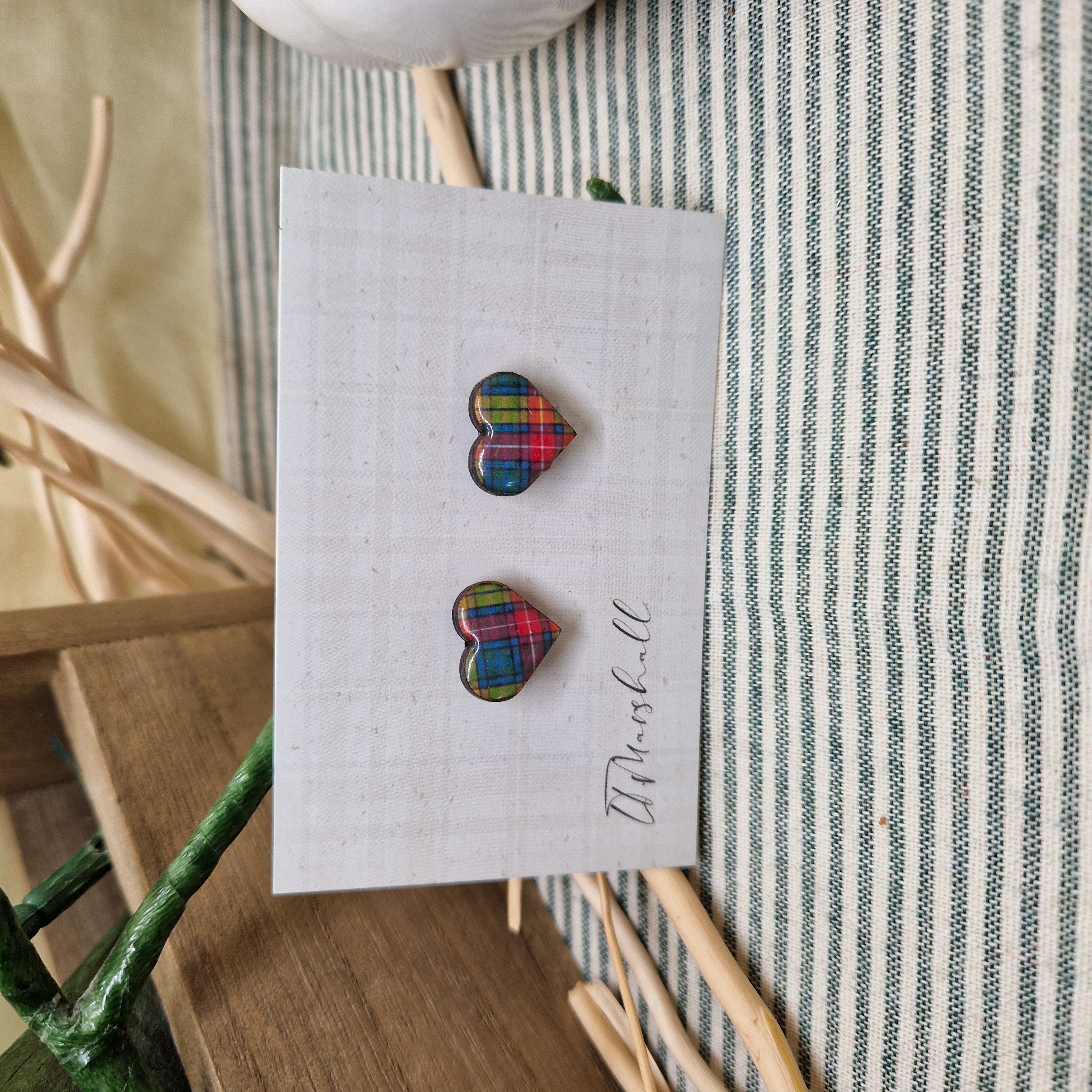 Handmade Tartan Heart Earrings – Wooden Studs with Resin Finish, Scottish Pride Jewelry