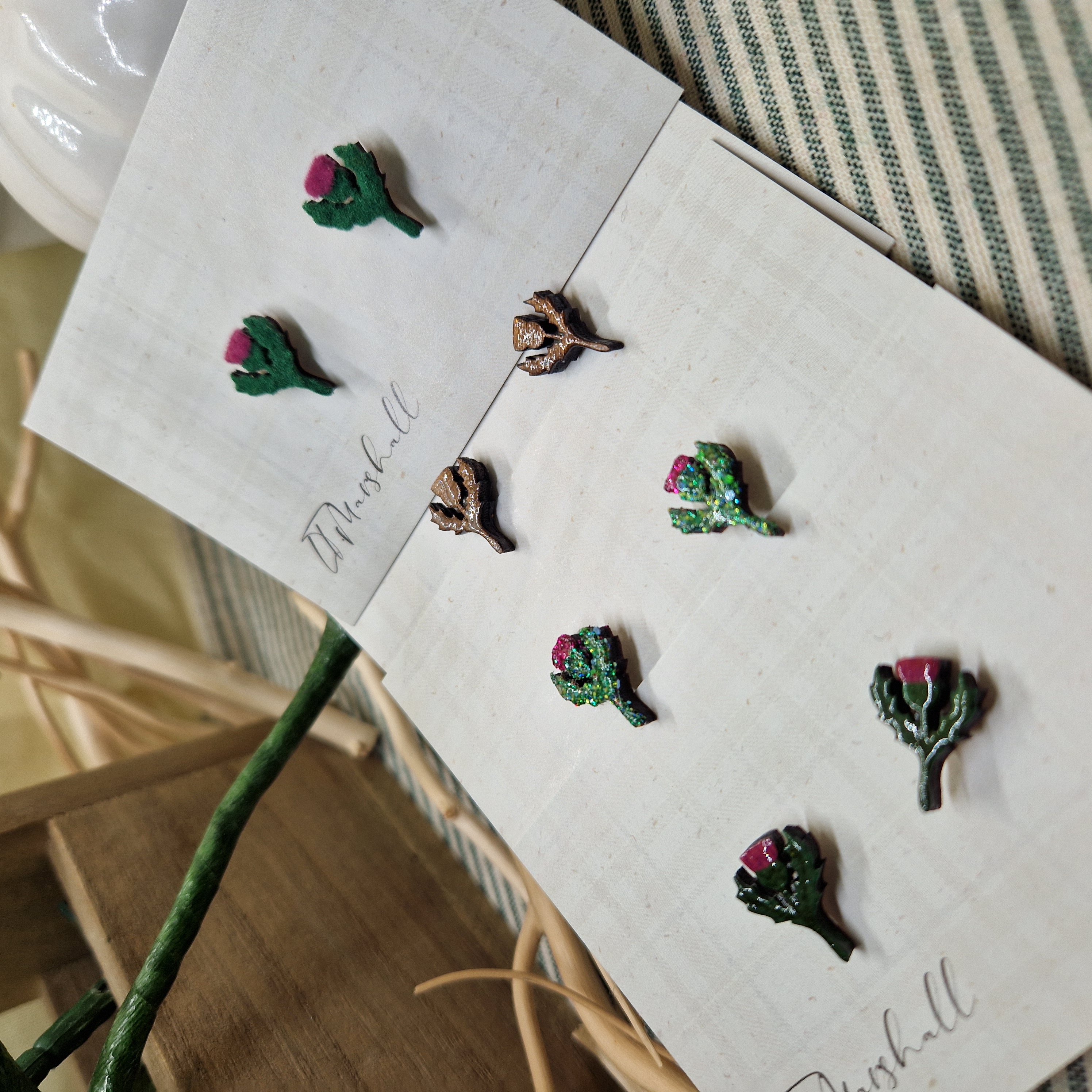 Handmade Scottish Thistle Earrings – Wooden Studs in Flocked, Glitter, Coloured or Stained Finish, Heritage Jewelry