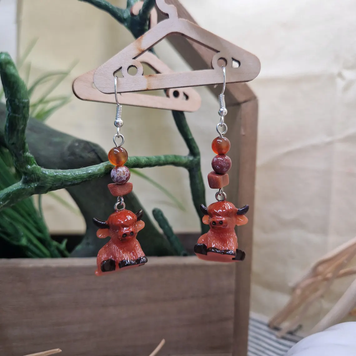 Hand Painted Highland Cow Earrings – Resin Cattle Dangle Jewellery