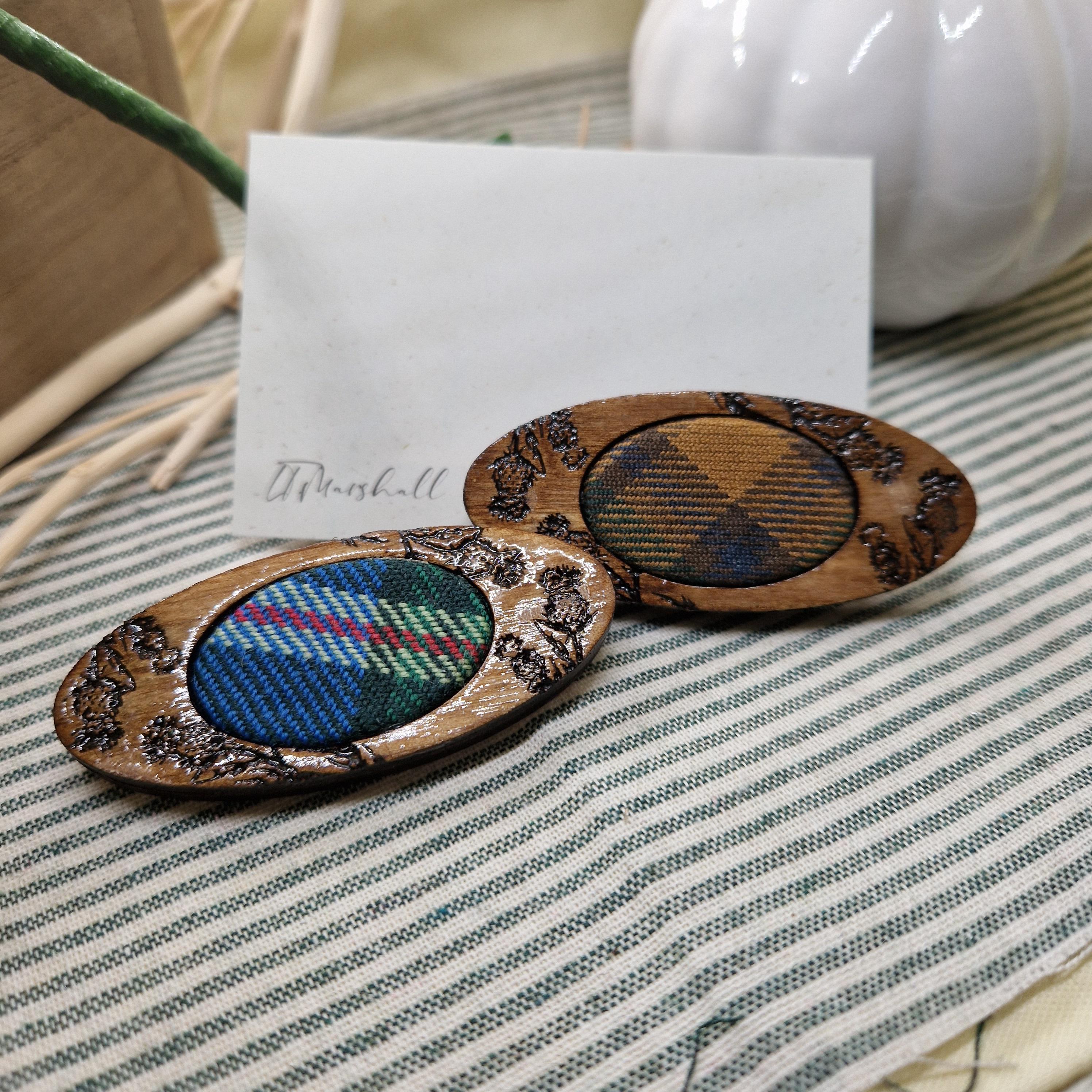 Handmade Rustic Scottish Thistle Tartan Brooch – Wood and Wool Brooch – Traditional Clan Tartan from Kilt Offcuts – Scottish Artist Made
