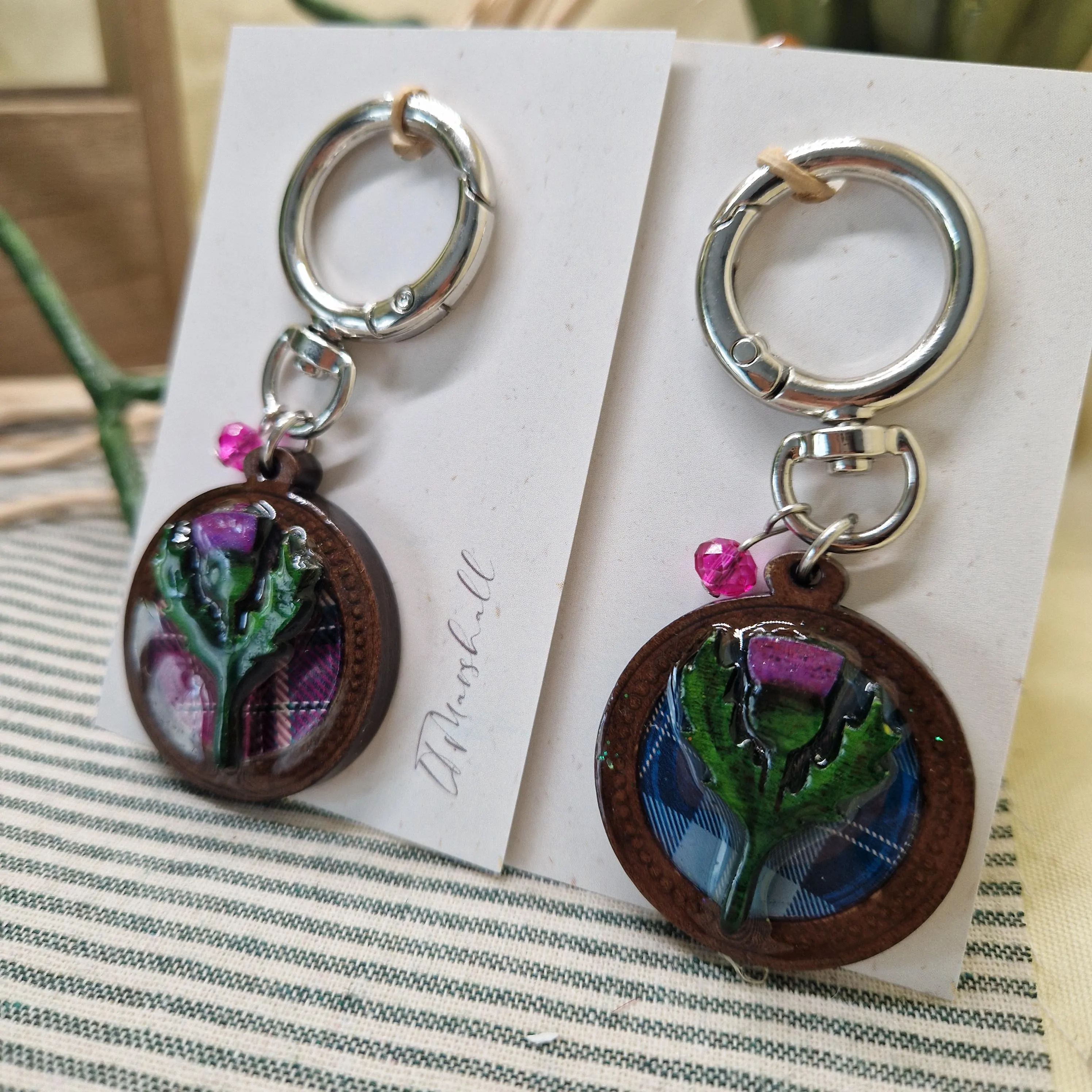 Scottish Thistle Keychain – Resin & Wood Charm with Tartan Fabric Accent | Handmade Scotland Gift