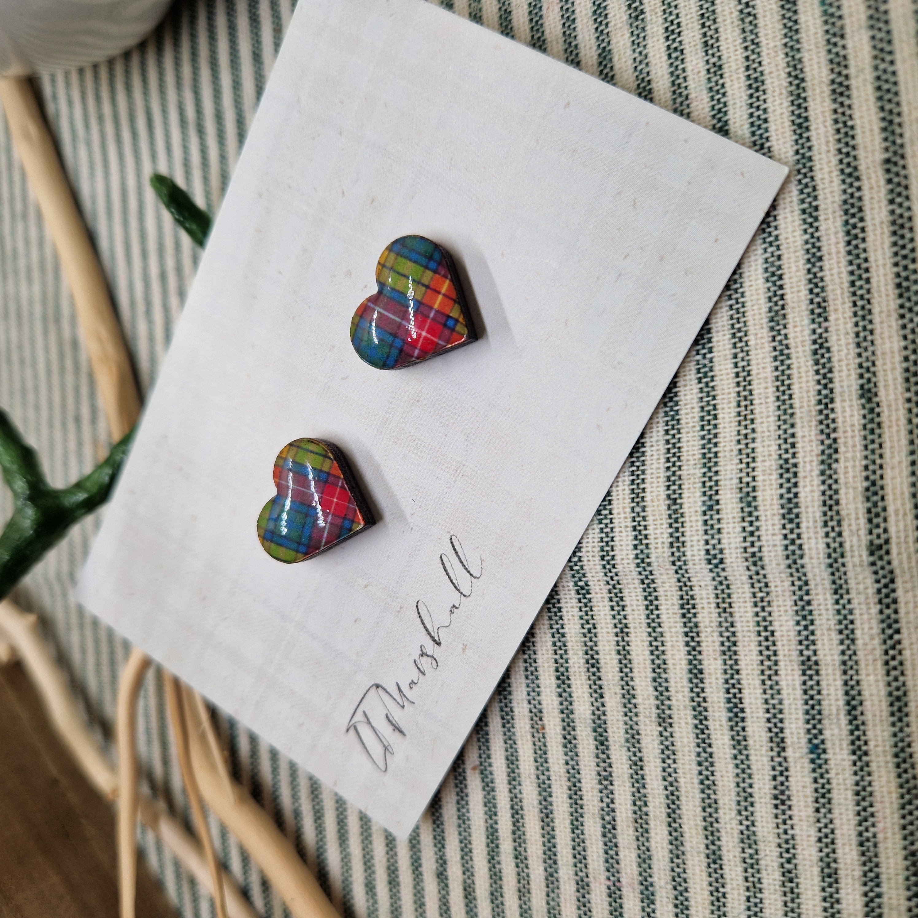 Handmade Tartan Heart Earrings – Wooden Studs with Resin Finish, Scottish Pride Jewelry