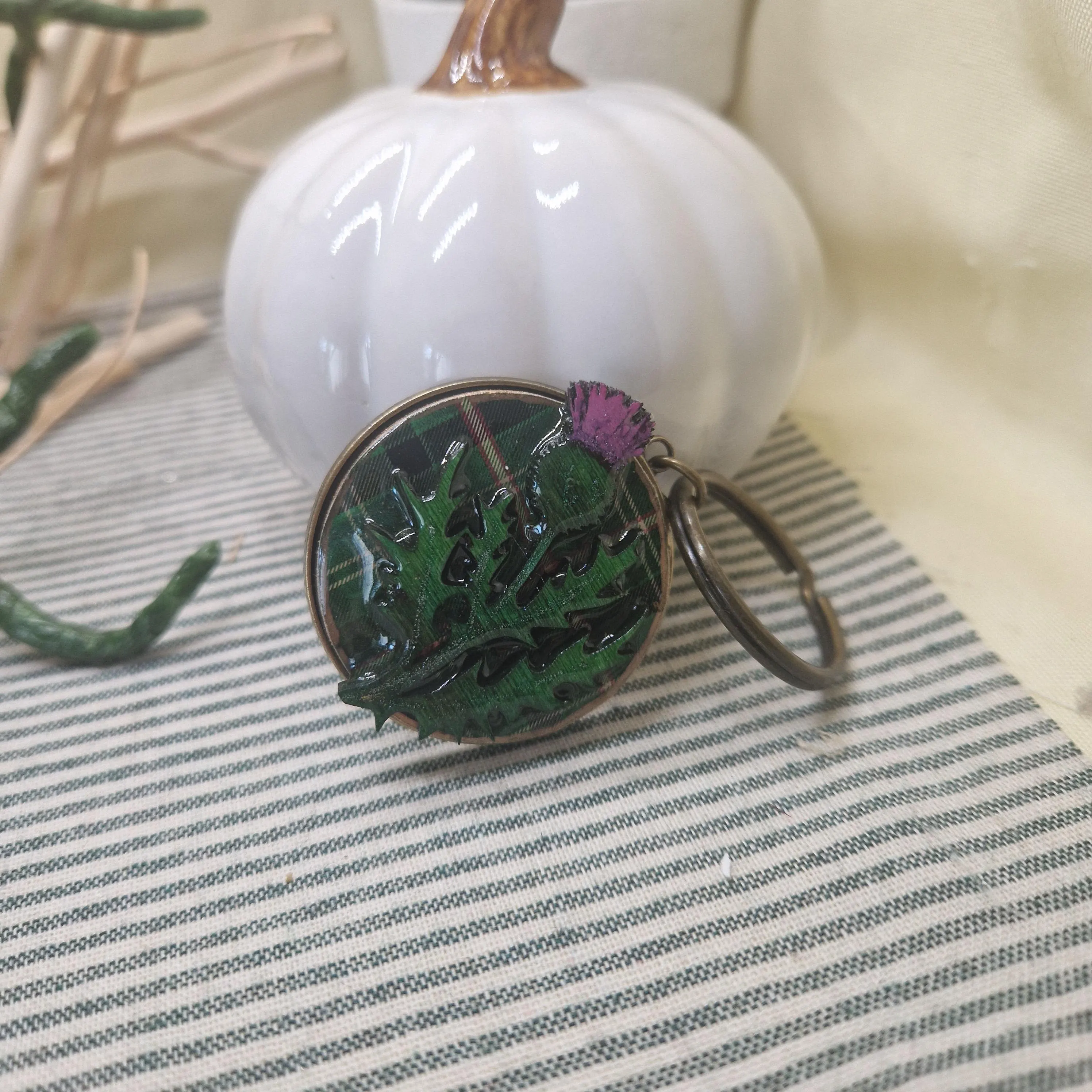 Scottish Thistle Keyring | Handmade Wood, Resin & Metal Keychain | Green Tartan Background | Celtic Scotland Gift | Rustic Charm