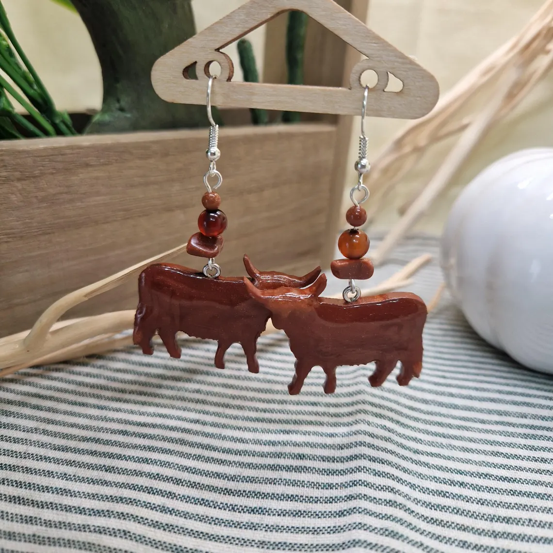 Highland Cow Earrings – Handmade Resin & Wood Scottish Jewelry