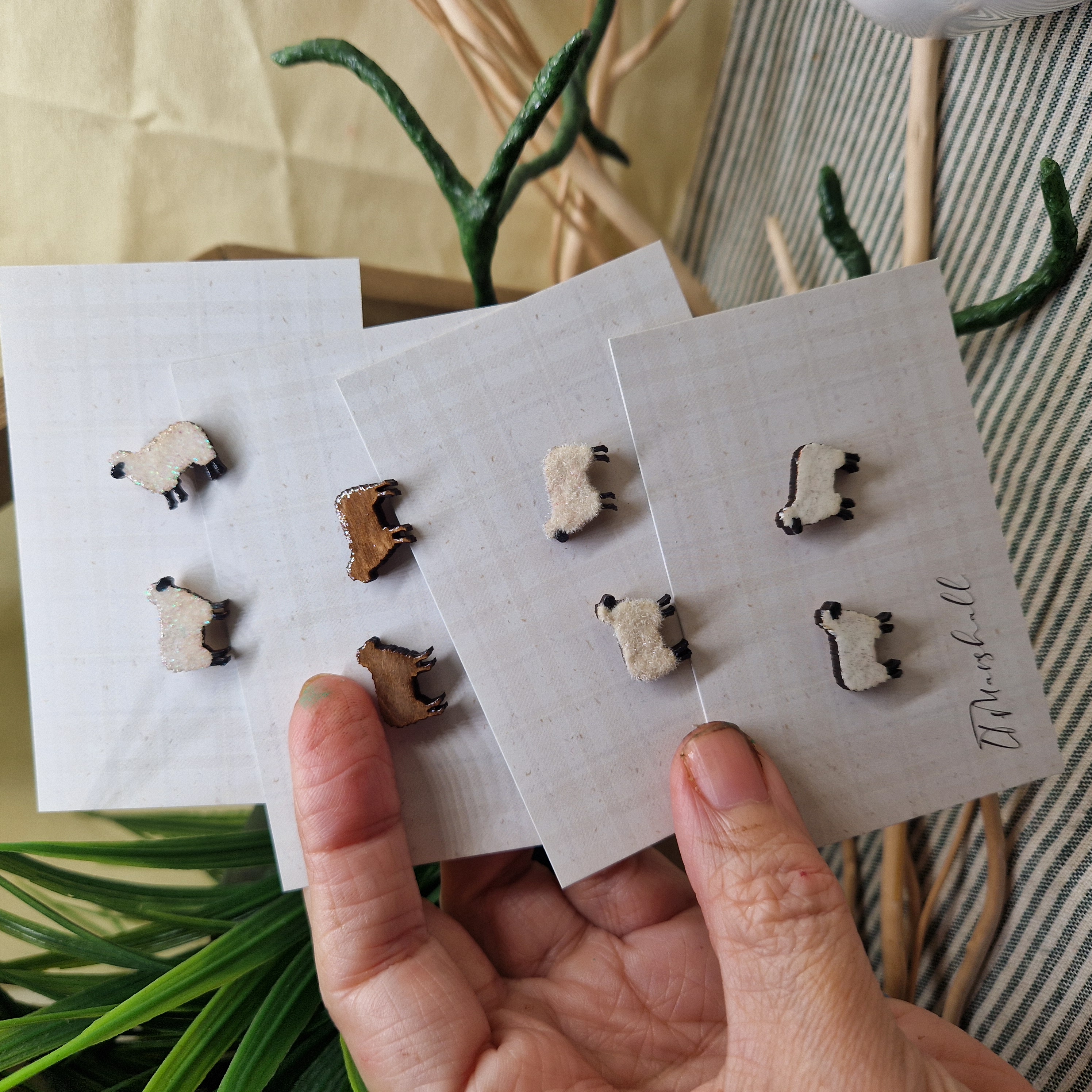 Handmade Sheep Earrings – Wooden Studs in Flocked, Glitter, Coloured or Stained Finish, Scottish Farm Jewelry
