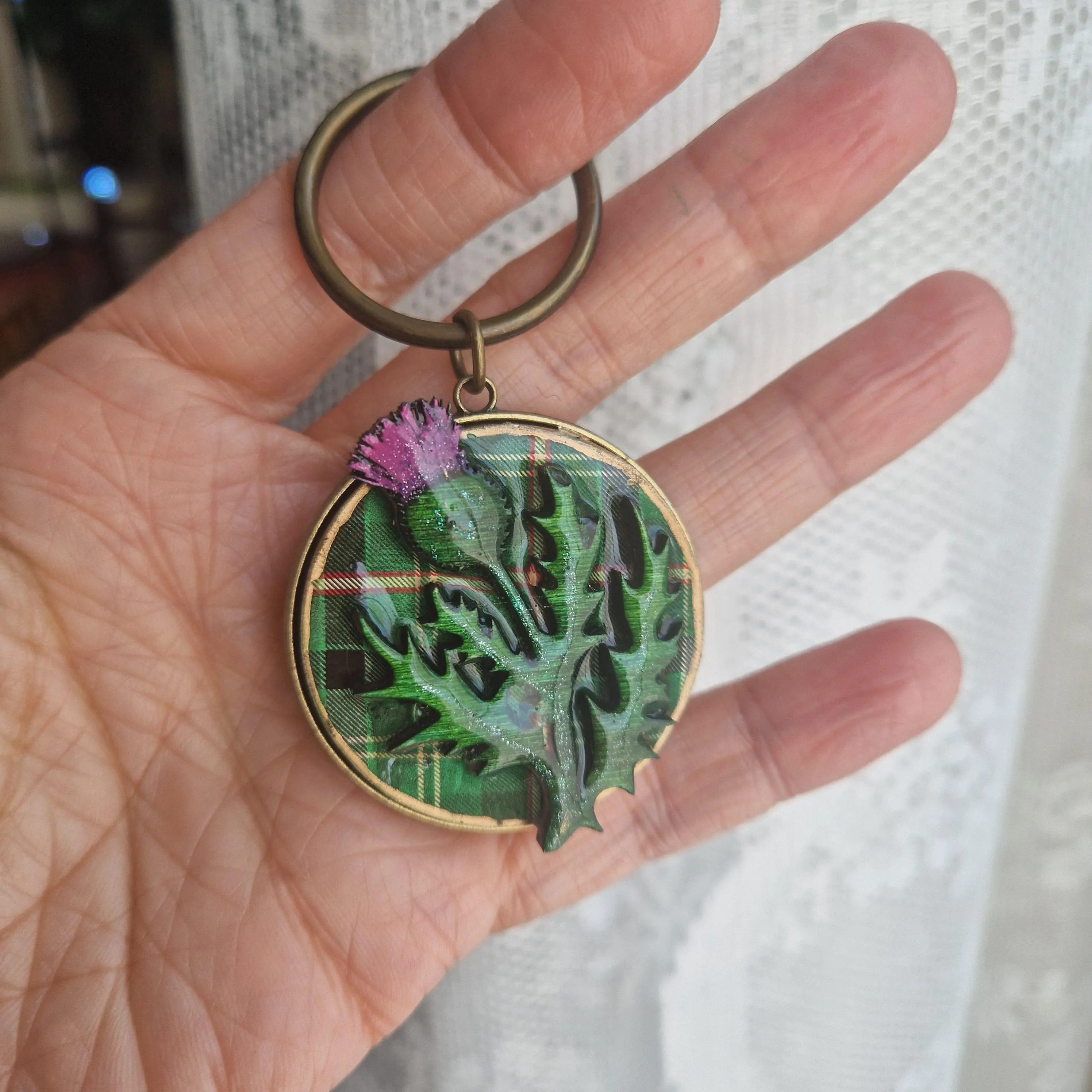 Scottish Thistle Keyring | Handmade Wood, Resin & Metal Keychain | Green Tartan Background | Celtic Scotland Gift | Rustic Charm
