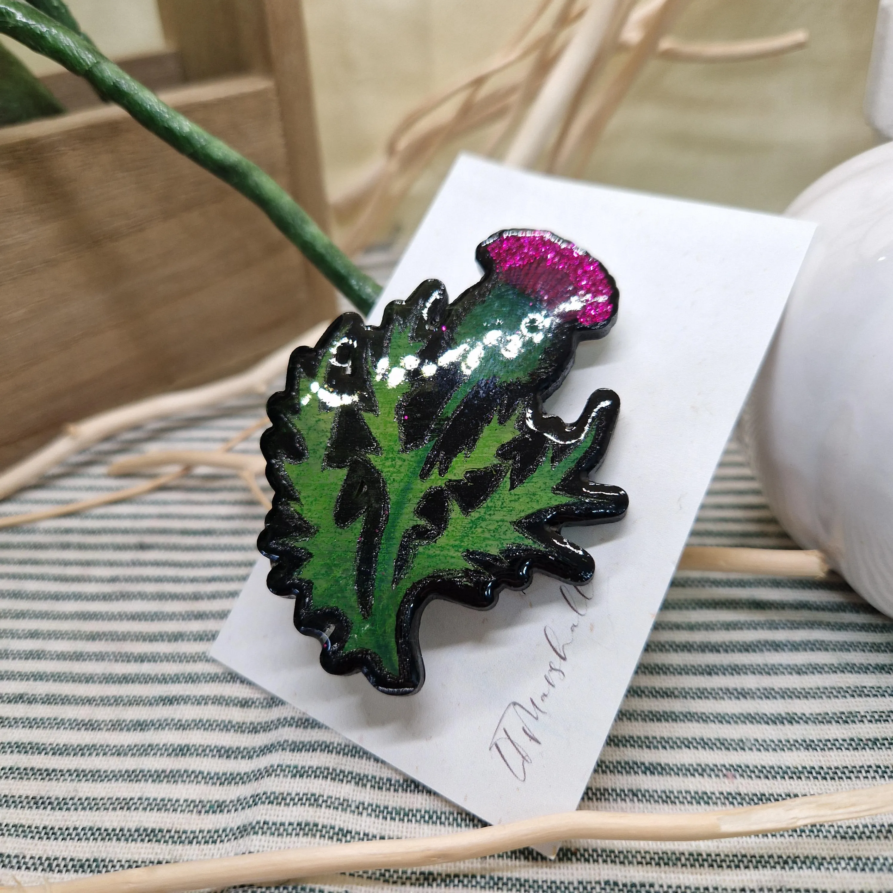 Thistle Brooch | Handmade Wood & Resin Pin | Scottish Wildflower Jewelry | Made in Scotland