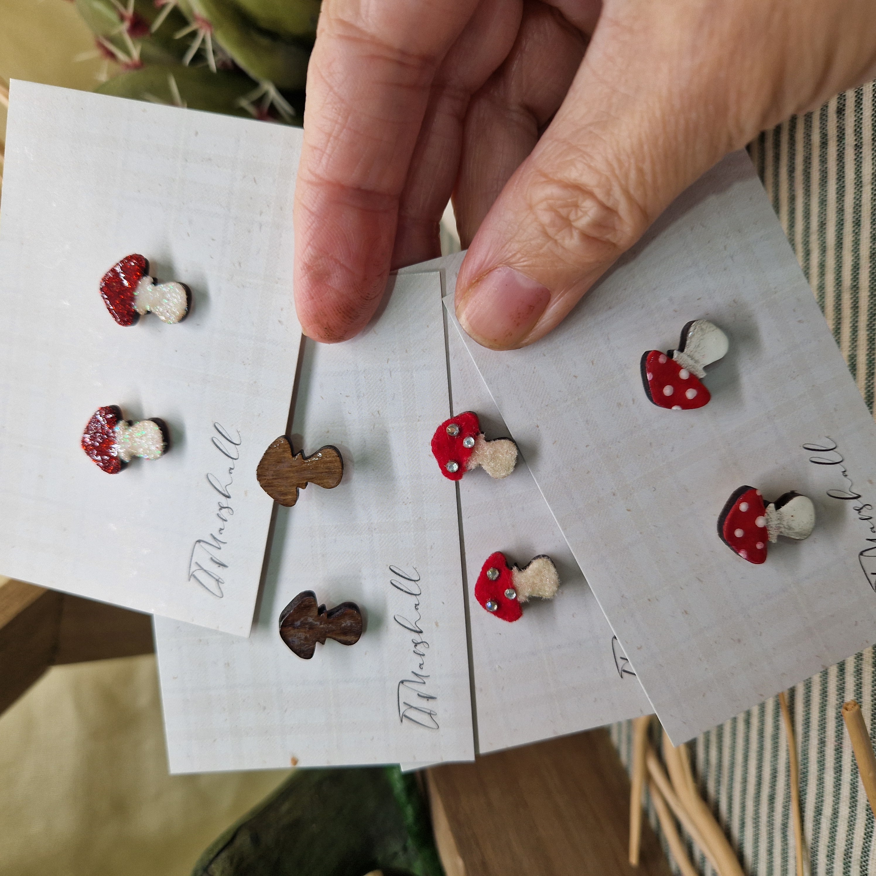 Handmade Toadstool Earrings – Wooden Studs in Flocked, Glitter, Coloured or Stained Finish, Cottagecore Jewelry
