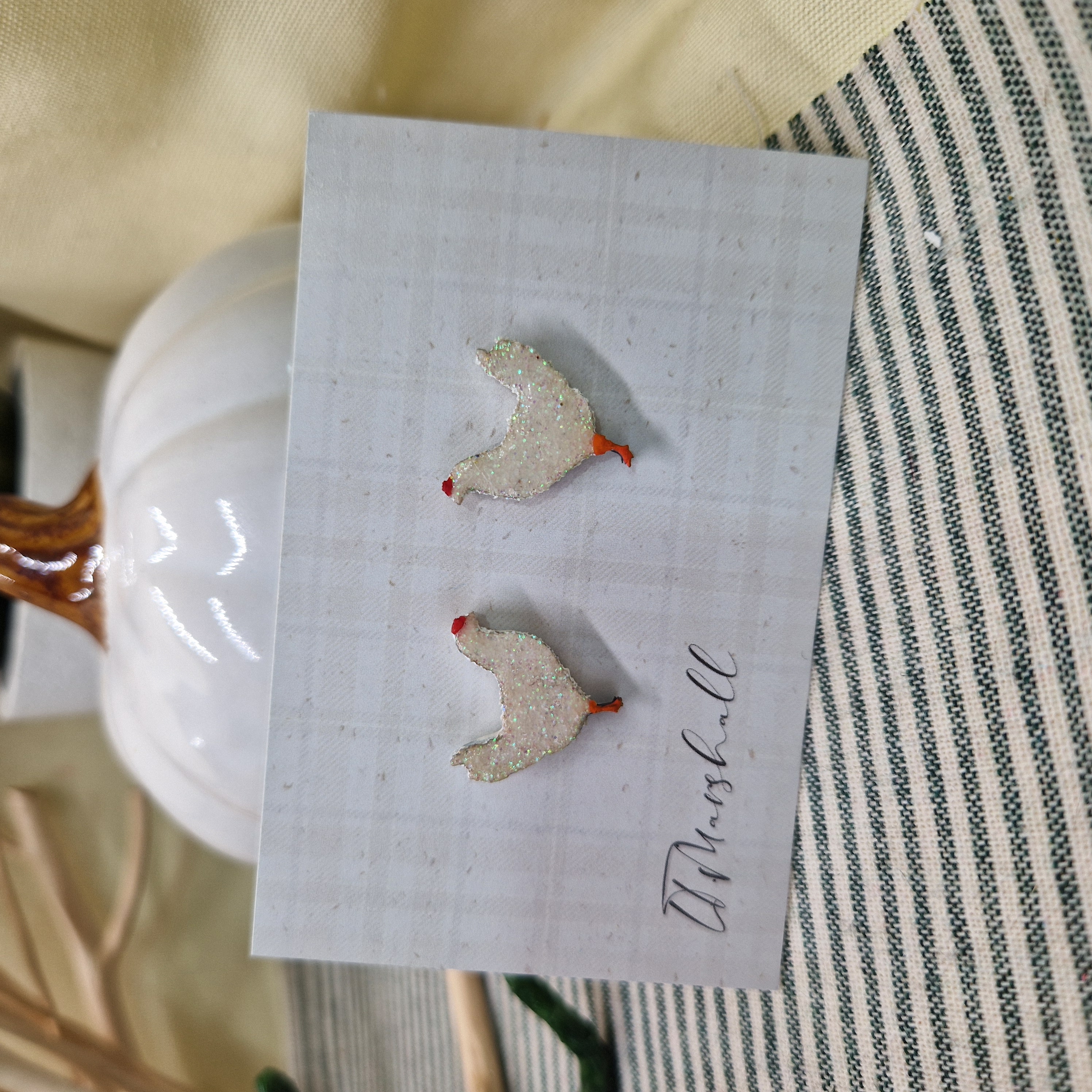 Handmade Chicken Earrings in Wood and Glitter – Farm Animal Studs, Cottagecore Folk Jewelry