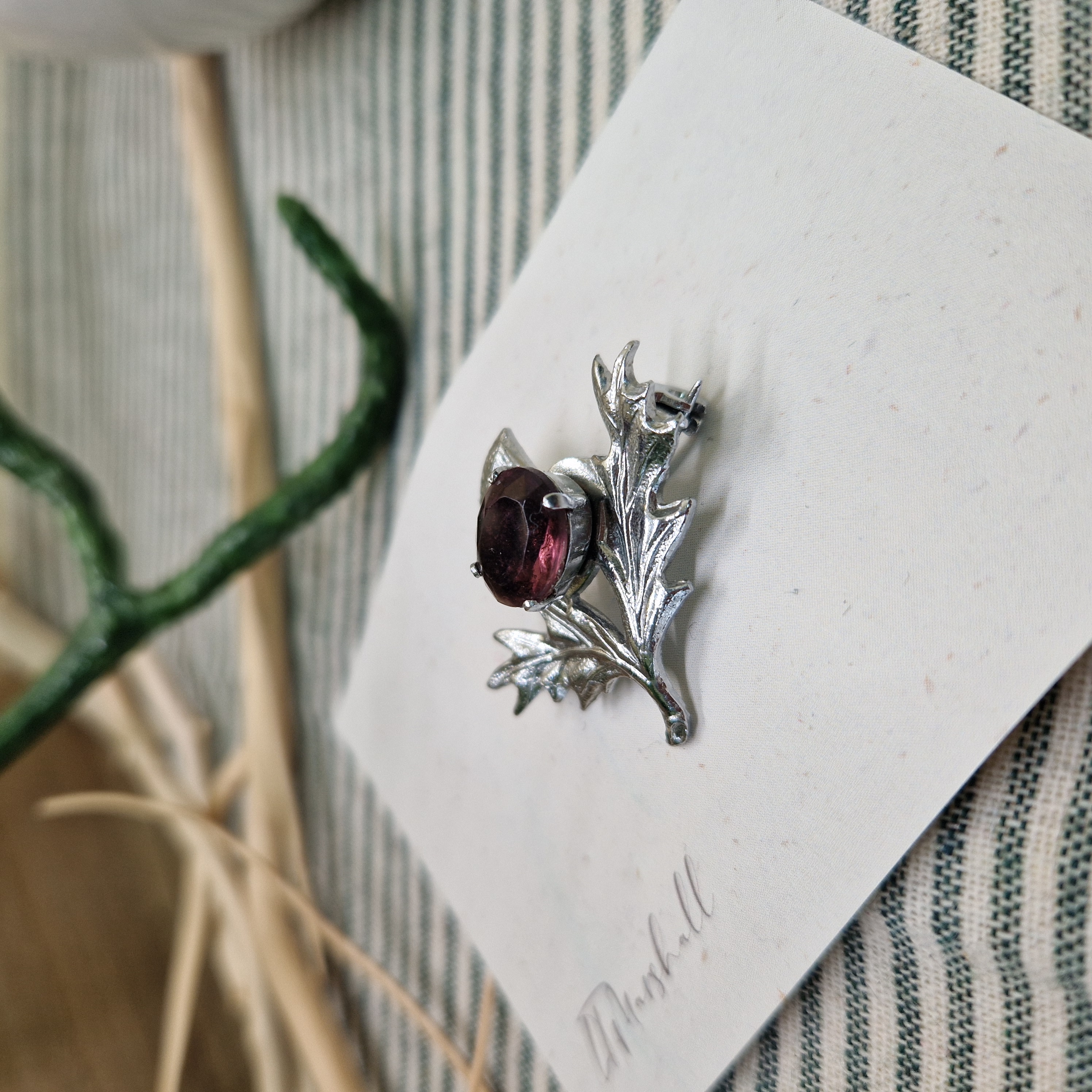 Restored Vintage Scottish Thistle Brooch with Purple Gem | Silver Tone Pin | Celtic Heritage Jewellery