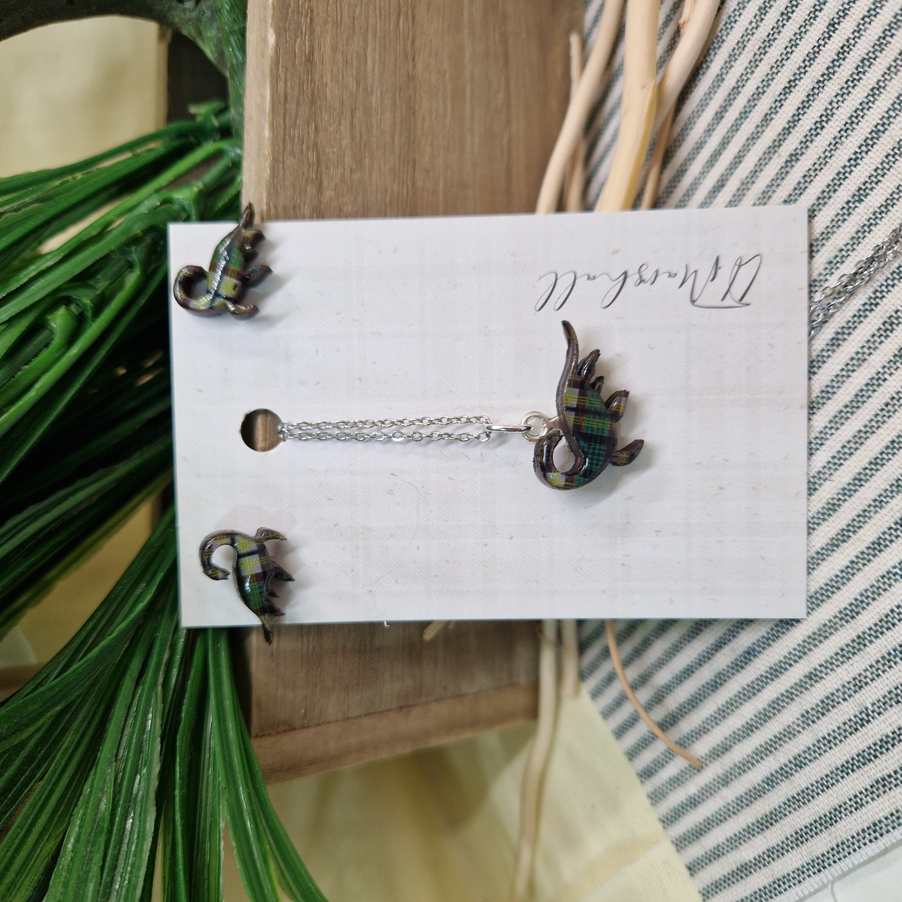 Handmade Loch Ness Monster Earrings and Necklace Set – Scottish Tartan Resin Jewellery