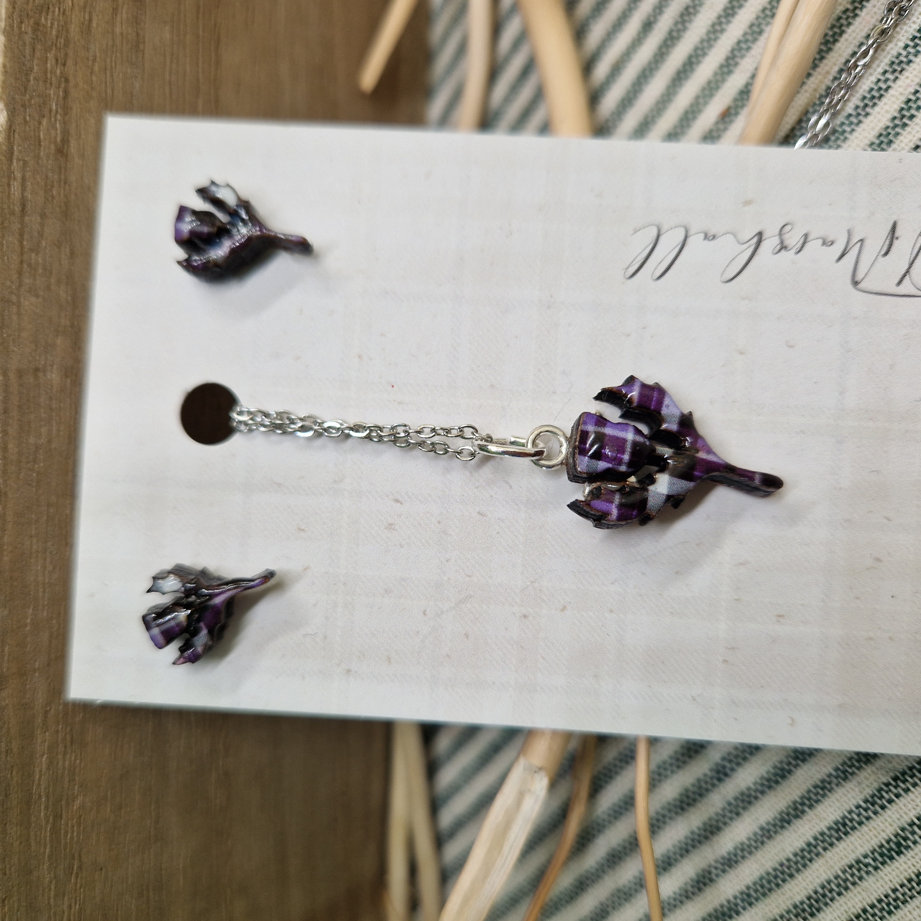 Handmade Scottish Tartan Thistle Earrings & Necklace Set – Laser Cut Resin Jewellery, Stainless Steel Studs & Pendant