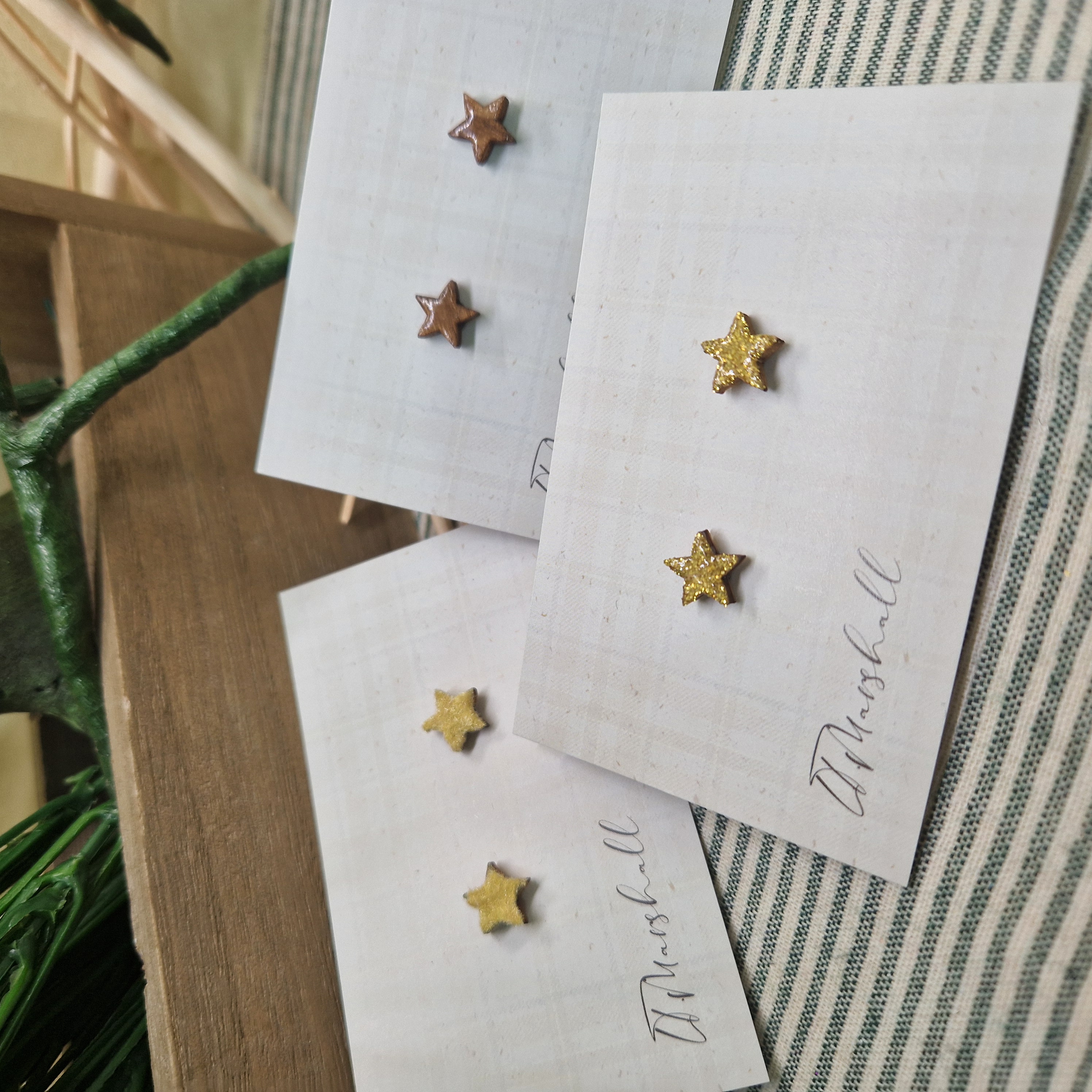Handmade Star Earrings – Wooden Studs in Flocked, Glitter or Stained Finish, Celestial Jewelry