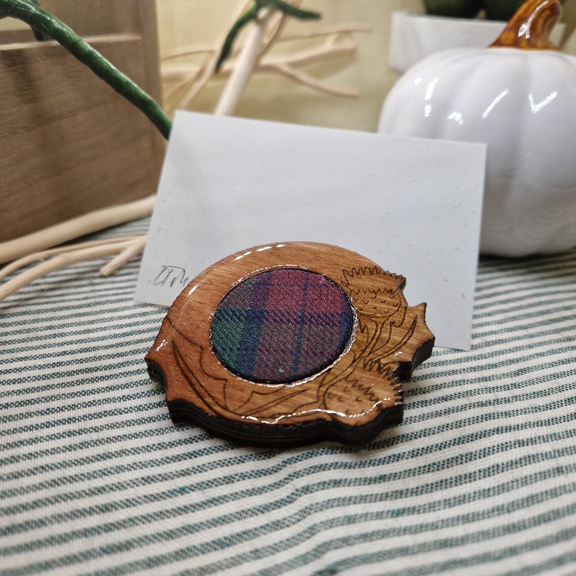 Handmade Rustic Scottish Thistle Tartan Brooch – Wood and Wool Brooch – Traditional Clan Tartan from Kilt Offcuts – Scottish Artist Made
