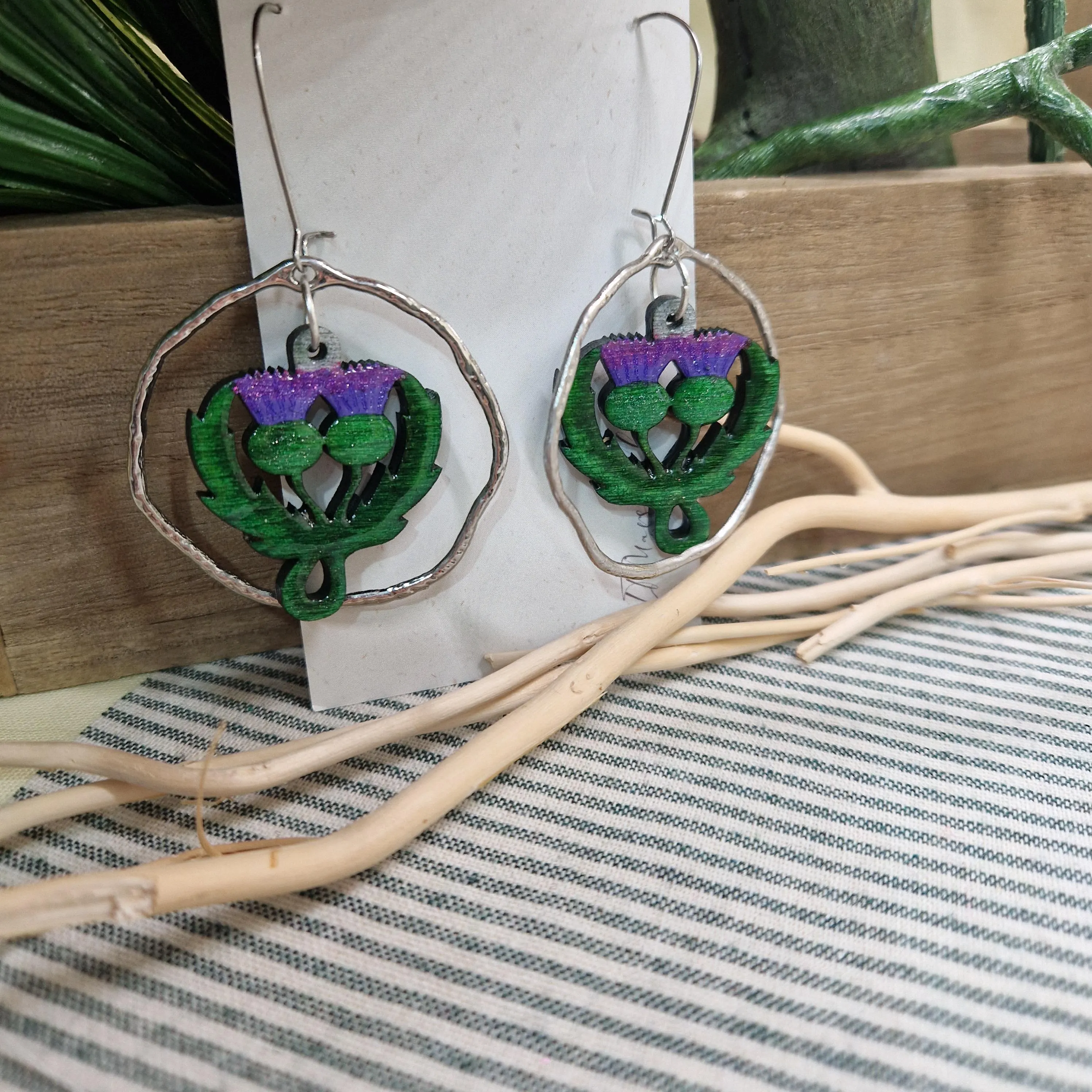 Scottish Thistle Earrings – Wood & Resin Statement Earrings – Lightweight Metal Hoop Dangles – Handmade Scotland Gift