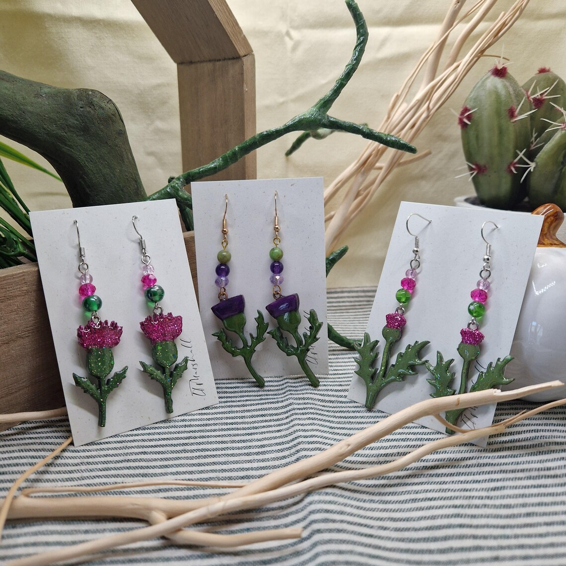 Handmade Thistle Earrings – Wooden & Resin Enamel with Vintage Glass Beads | Botanical Earrings | Scottish Flower Jewellery | Choose style
