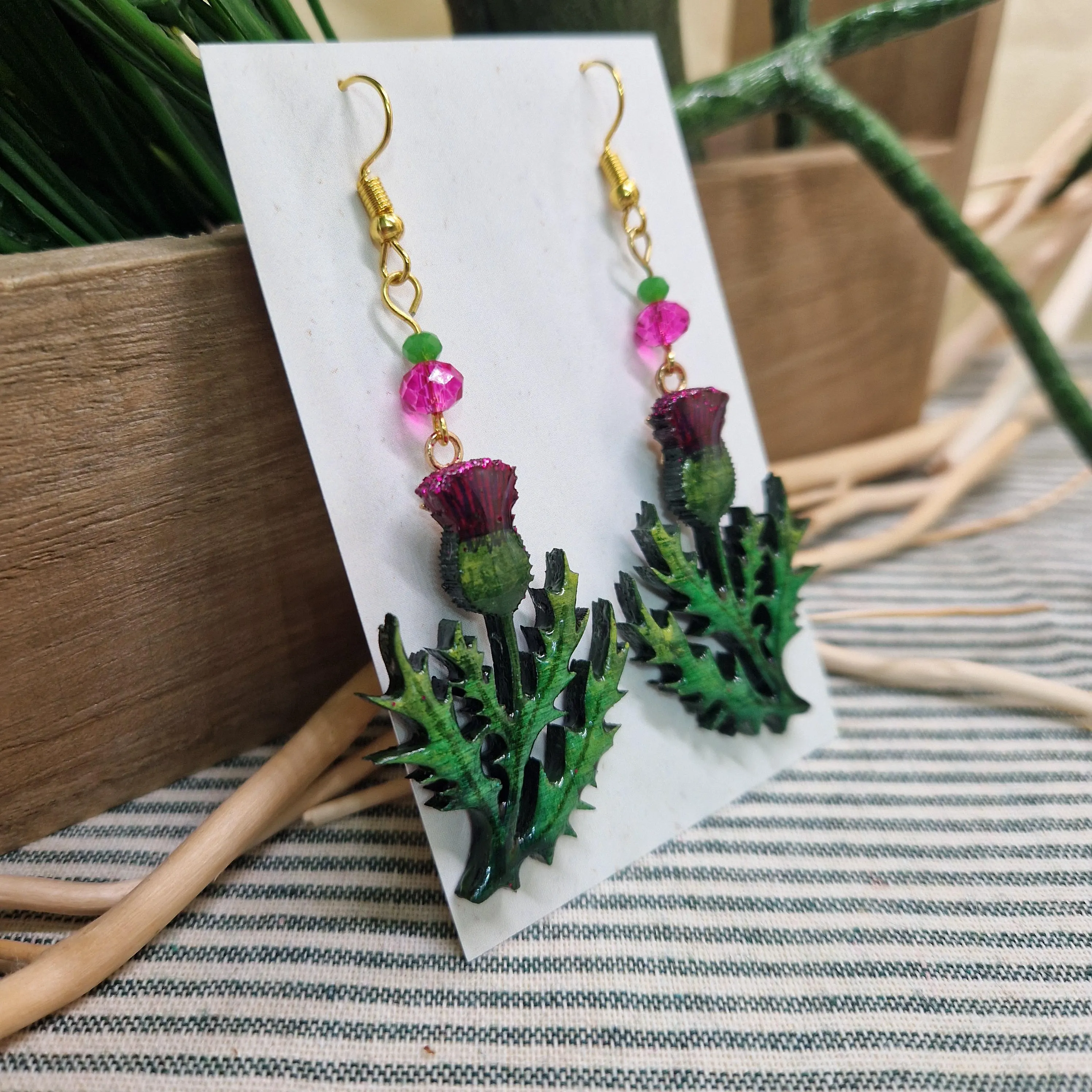 Handmade Thistle Earrings – Wooden & Resin Enamel with Vintage Glass Beads | Botanical Earrings | Scottish Flower Jewellery | Choose style