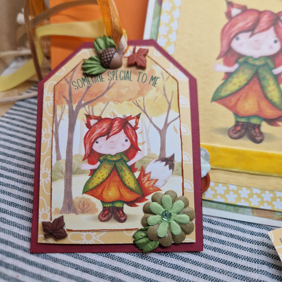 Handmade Sweet Fox Girl Card, Notelet & Tag Set | Woodland Greeting Card Bundle