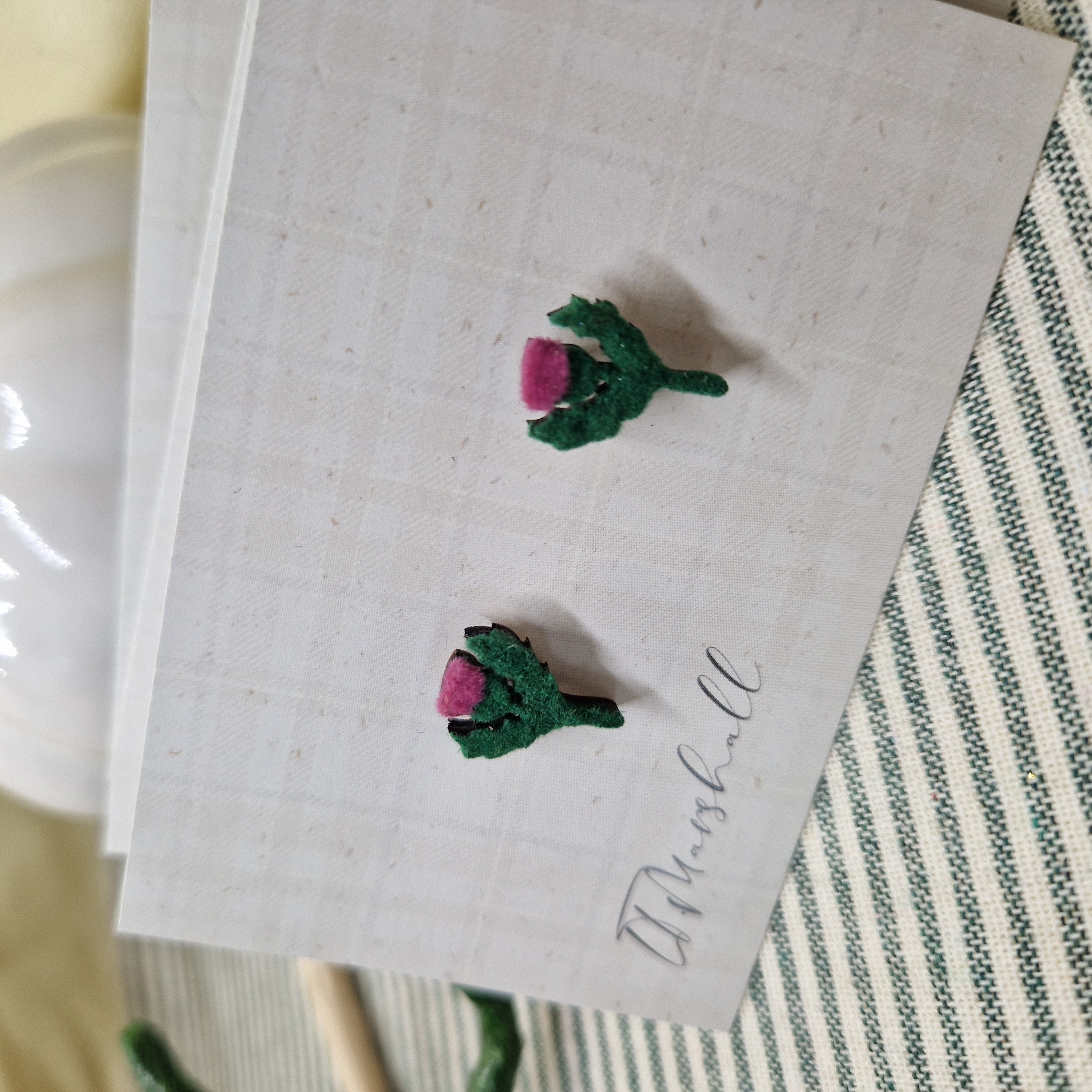 Handmade Scottish Thistle Earrings – Wooden Studs in Flocked, Glitter, Coloured or Stained Finish, Heritage Jewelry