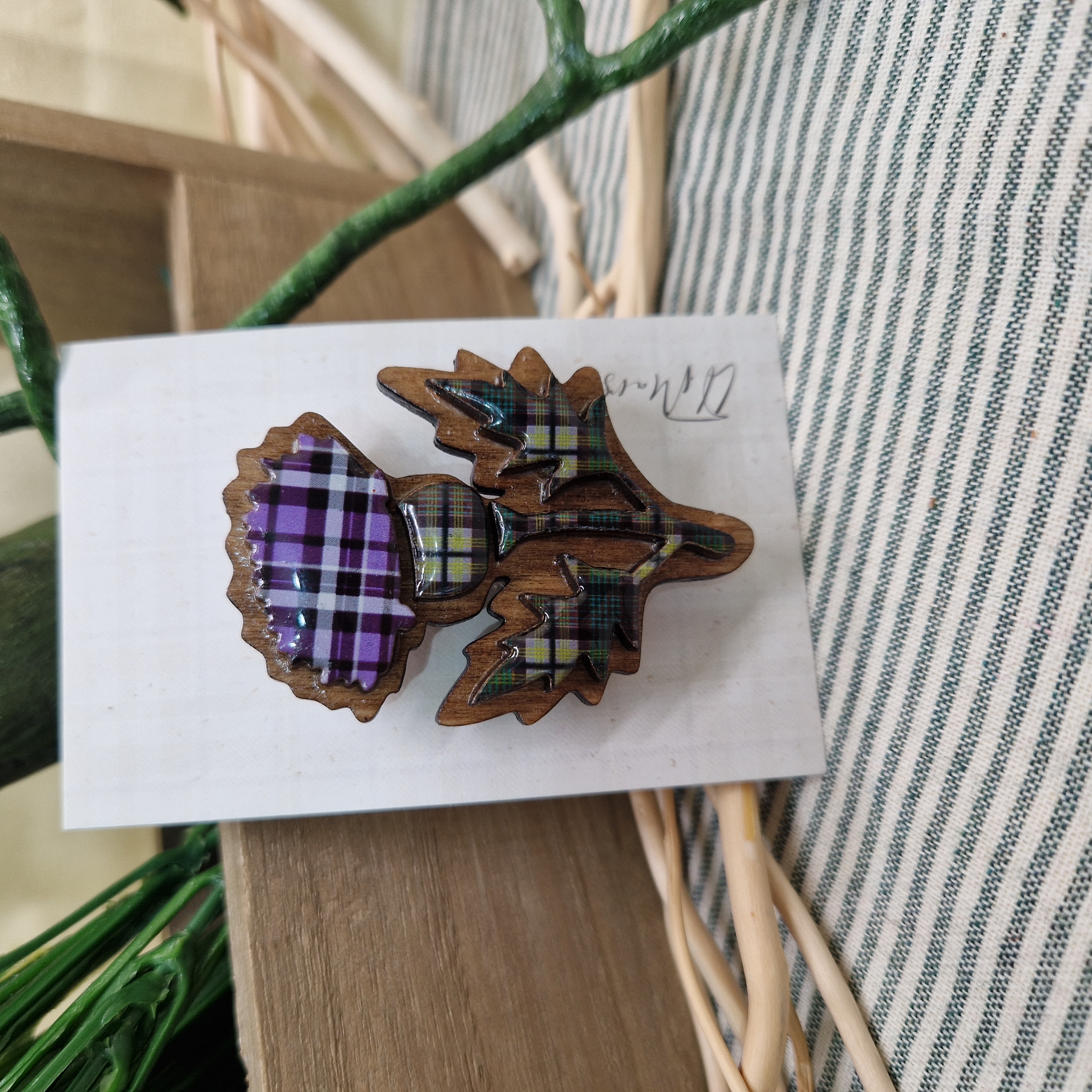 Handmade Scottish Thistle Brooch in Tartan Wood and Resin – Unique Scottish Gift, Celtic Heritage Pin