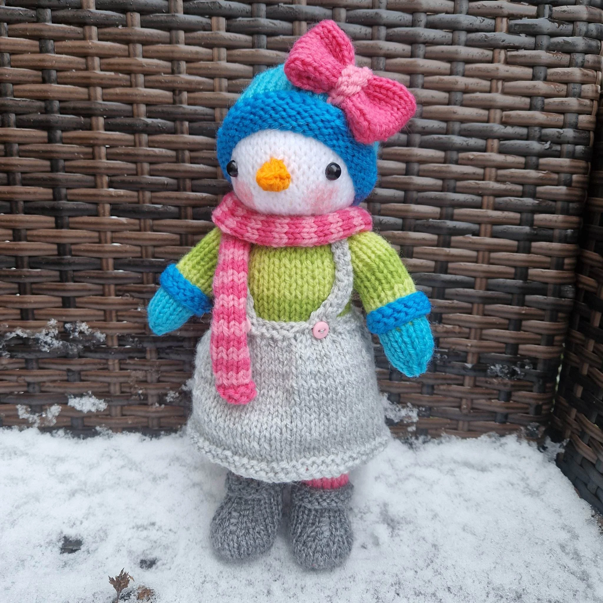 Crystal the Snowgirl Knitting Pattern – Flat-Knit Snowman Doll PDF, Easy Festive Plush
